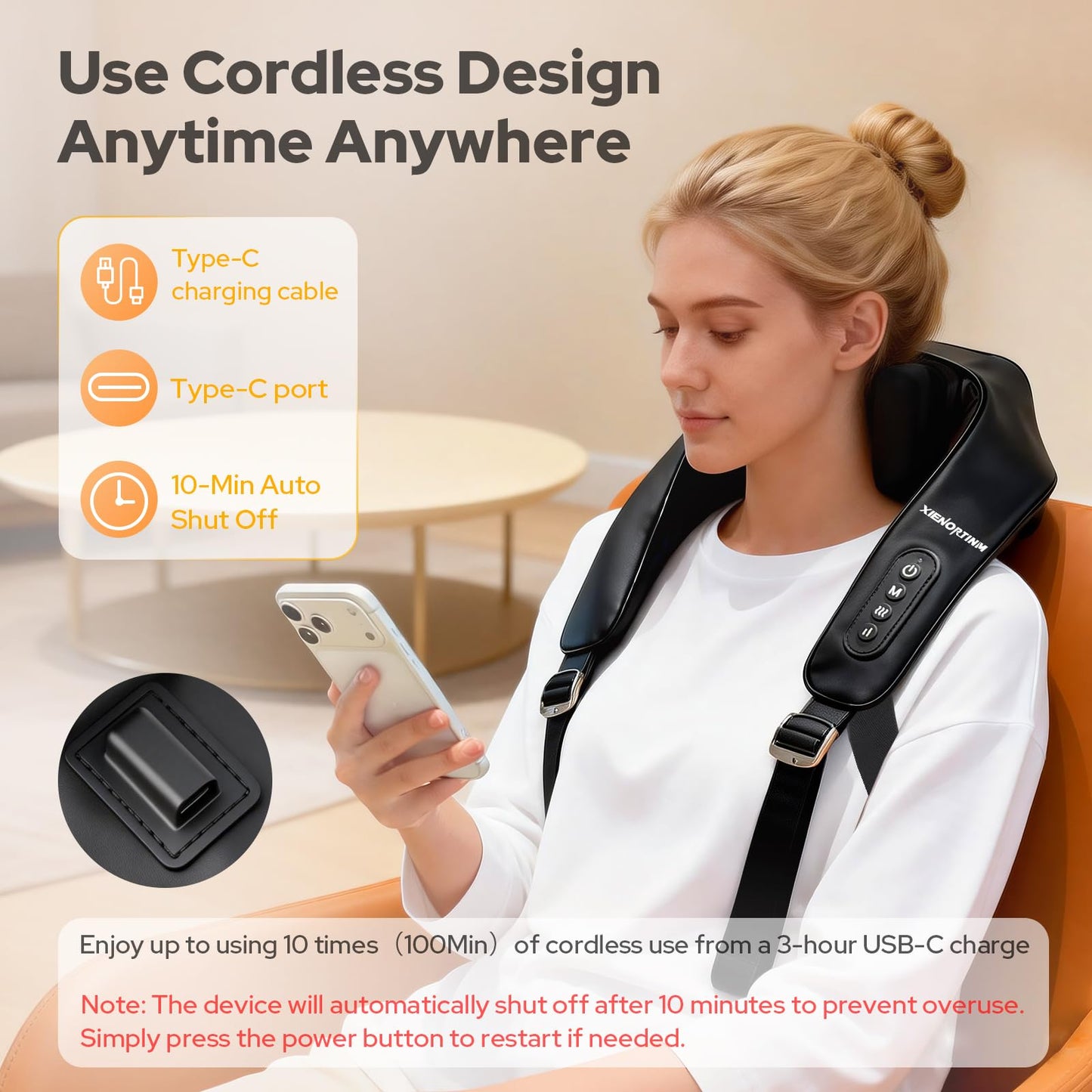 XIENORTINM Cordless Shiatsu Neck and Back Massagers with Heat, Rechargeable 4D Kneading + Tapping Wearable Massager, 3 Tapping Intensities, 3 Speeds, Ultra-Quiet Under 45dB for Deep Muscle Relief
