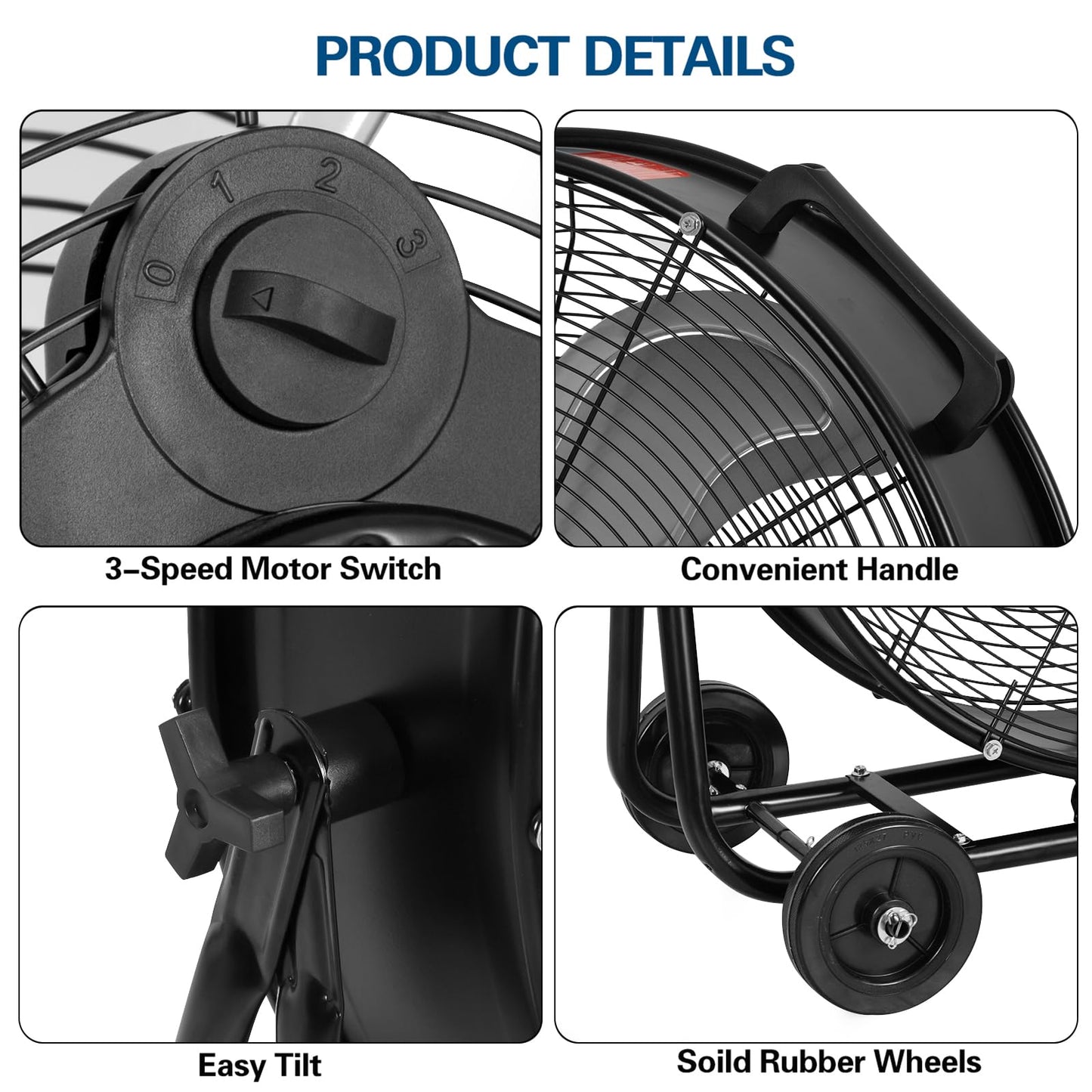 BILT HARD 24" 8100 CFM High Velocity Drum Fan, 3 Speeds Heavy Duty Tilt Metal Floor Shop Fan, Commercial Industrial Use for Garage, Factory, Warehouse, Black