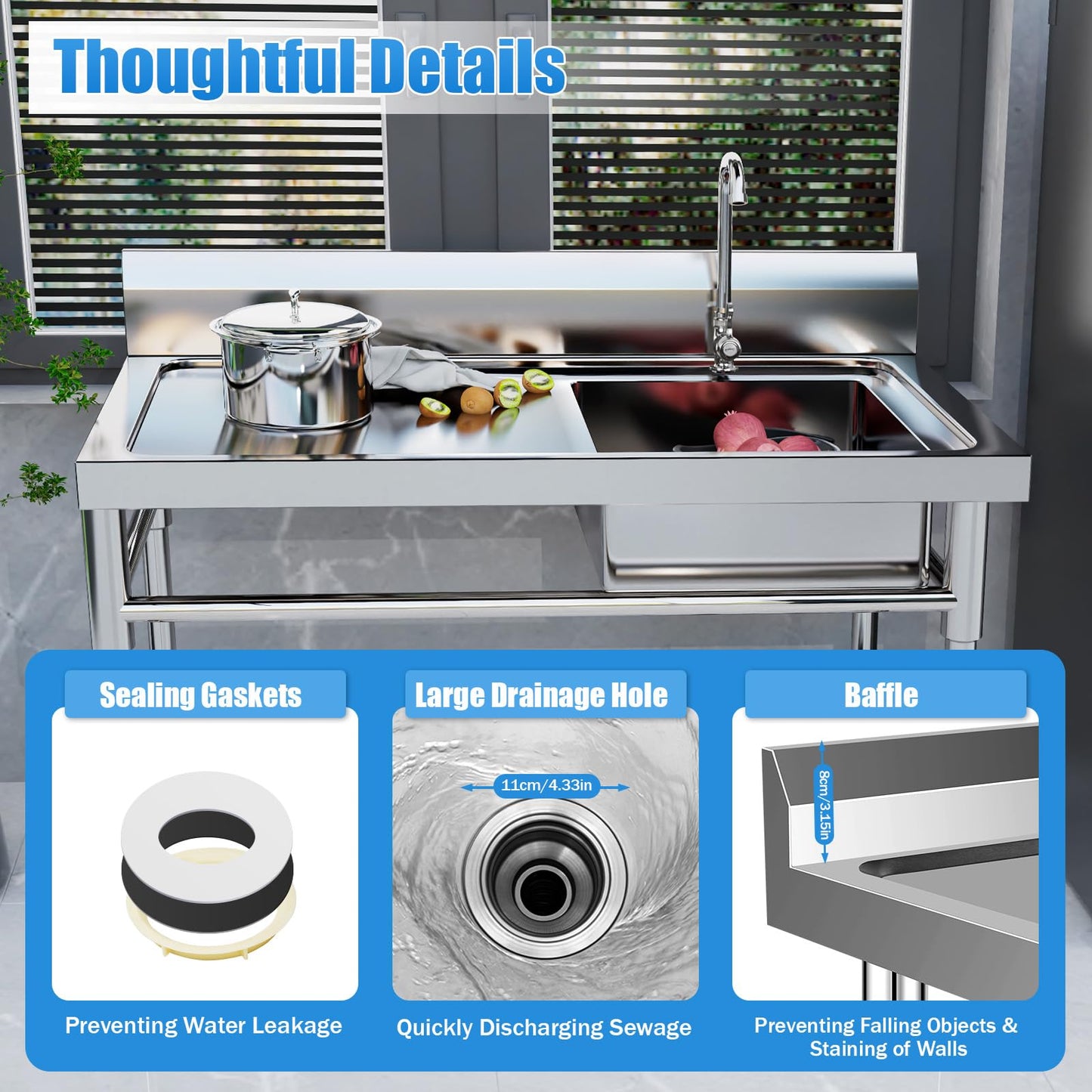 304 Stainless Steel Utility Sink,18 * 15.8 * 8.8in Commercial Sink,Single Compartment Workbench Sinks,Free Standing Multifunctional Sink Set for Restaurant, Laundry Room,Backyard,Garage