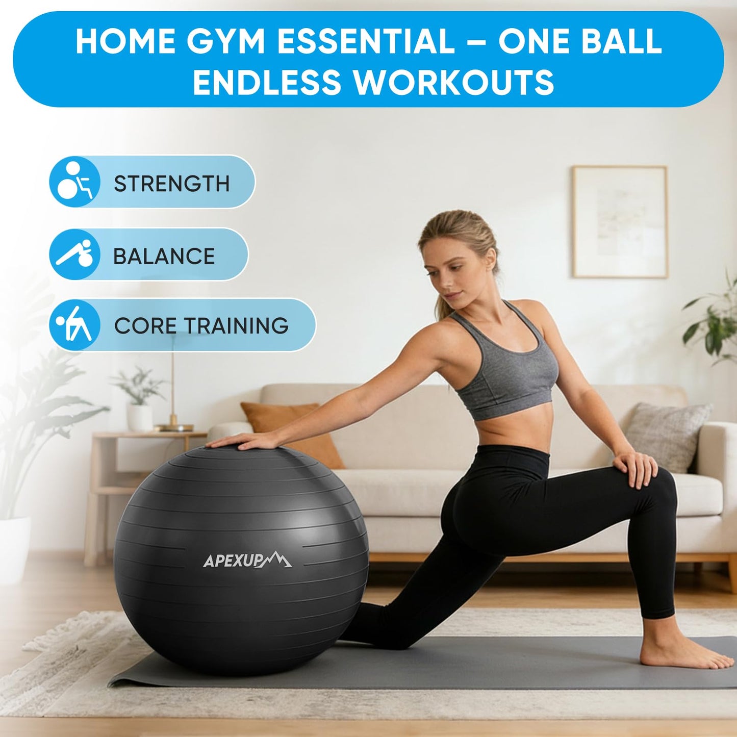 APEXUP Yoga Ball Exercise Ball Anti Slip Heavy Duty for Fitness, Balance & Core Workout, Balance Training, Pregnancy & Physical Therapy, 5 Sizes (L (23"~26") 65cm, Black)