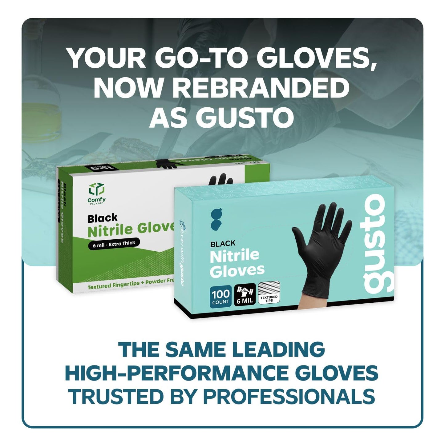 Comfy Package GUSTO Black Nitrile Gloves [100 Count] 6 Mil, HEAVY DUTY Disposable Gloves for Food Prep, Cooking, Tattoo, Cleaning – Latex-Free, Powder-Free, Textured Fingertips - Medium (Formerly