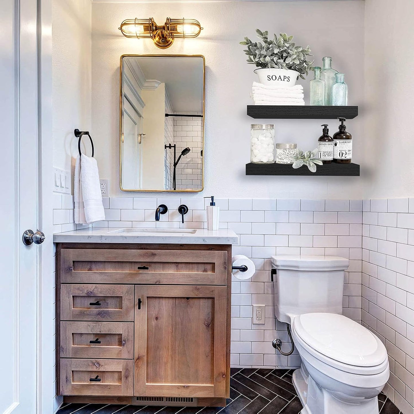 QEEIG Floating Bathroom Shelves - Wall-Mounted Farmhouse Decor | Set of 2, 15.7" x 6.7", Black