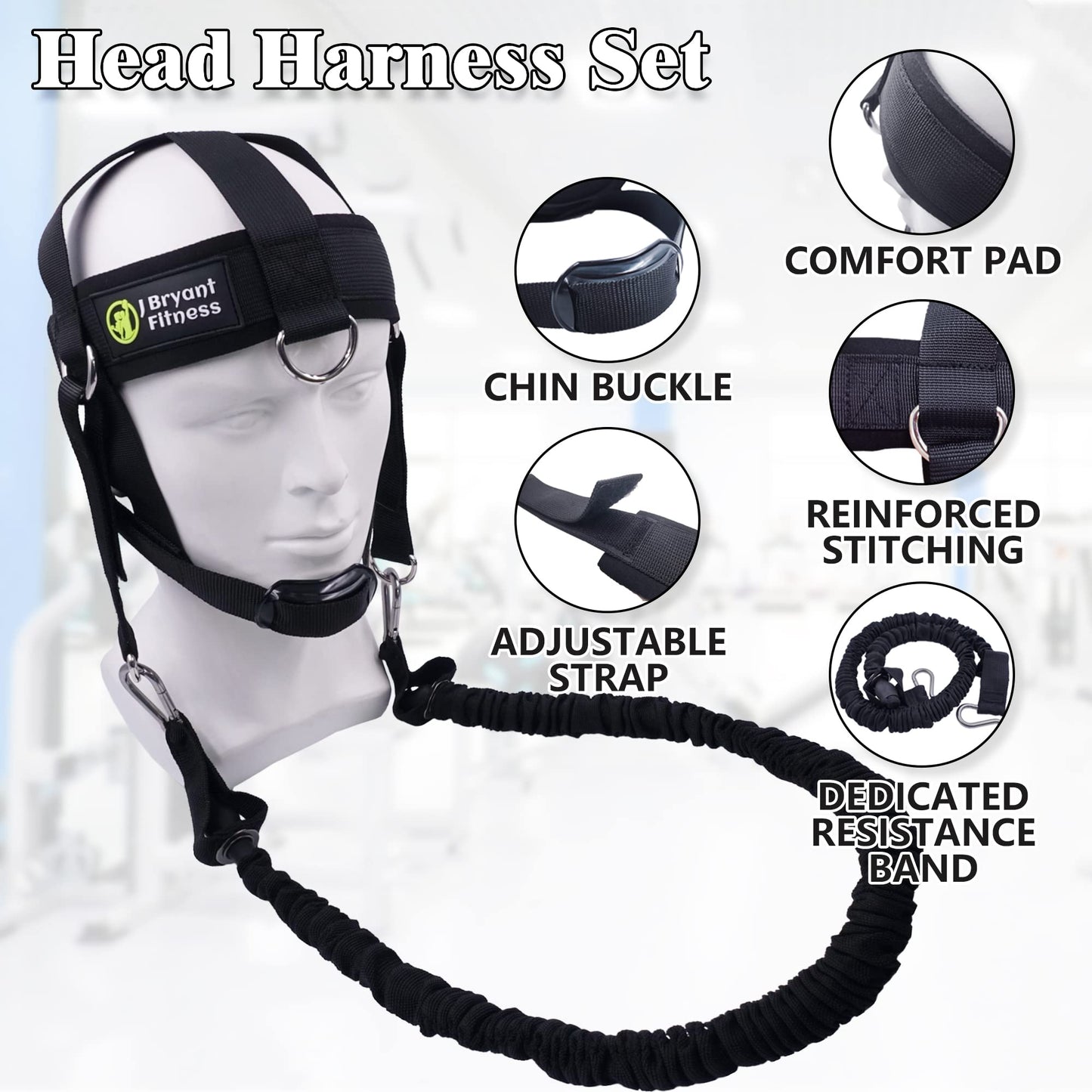J Bryant Neck Harness Head - Weight Lifting with Resistance Tube Bands - Door Anchor Set Adjustable Neck Training Strap Exercise Equipment (L)
