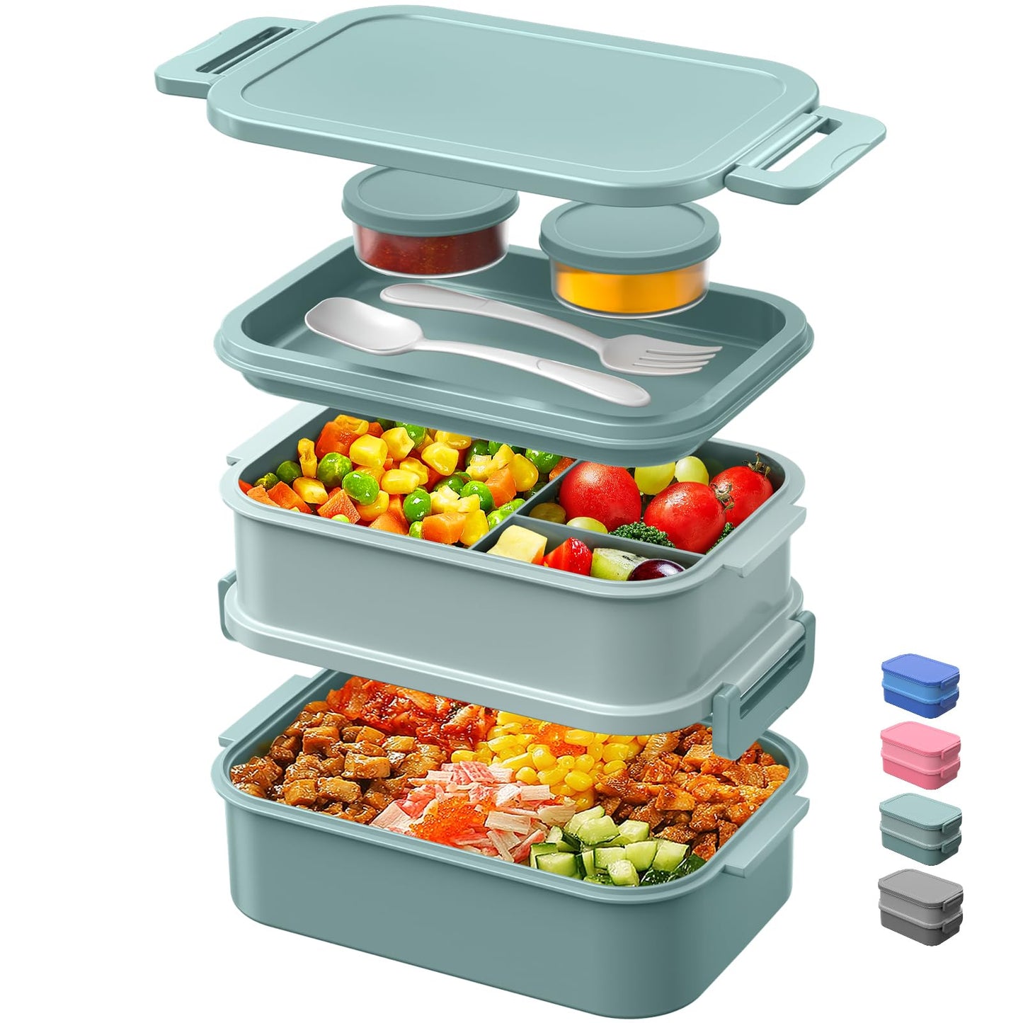 DaCool Lunch Box Adults Bento Box 74 OZ All-in-One Stackable Lunch Box Containers for Adult Large Bento Box with Fork Spoon Sauce Boxes, Leakproof Lunchbox for Work School Dining Out, Morandi-Green