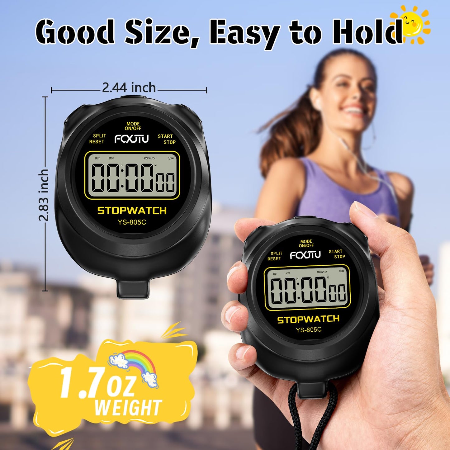 FCXJTU Simple Stopwatch Timer, Single Lap Stopwatch Countdown Timer, No Hourly Beep, On/Off, AAA Battery(Included), Large Display, Easy to Use, Ideal for Kids Coaches Black