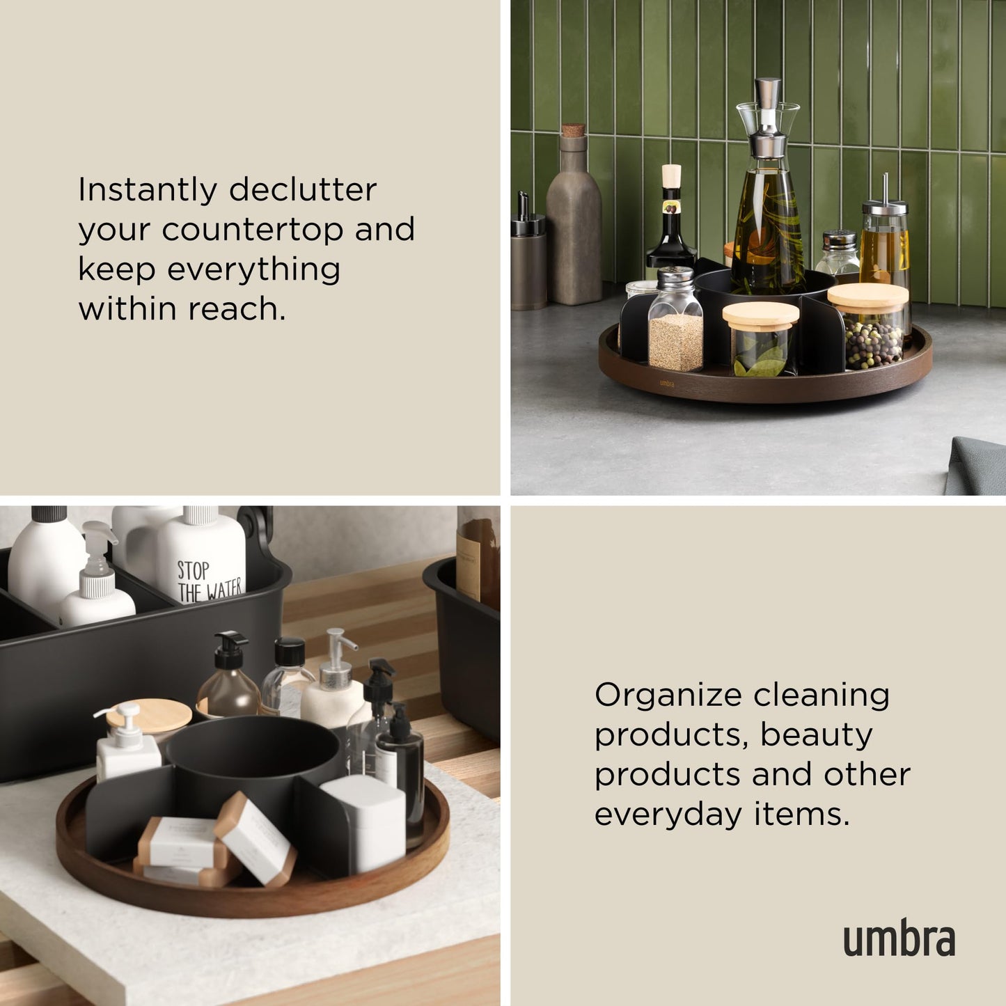 Umbra Bellwood Lazy Susan Divided Tray Organizer for Pantry Spices and More, Made of Durable Plastic and Wood, Black/Walnut
