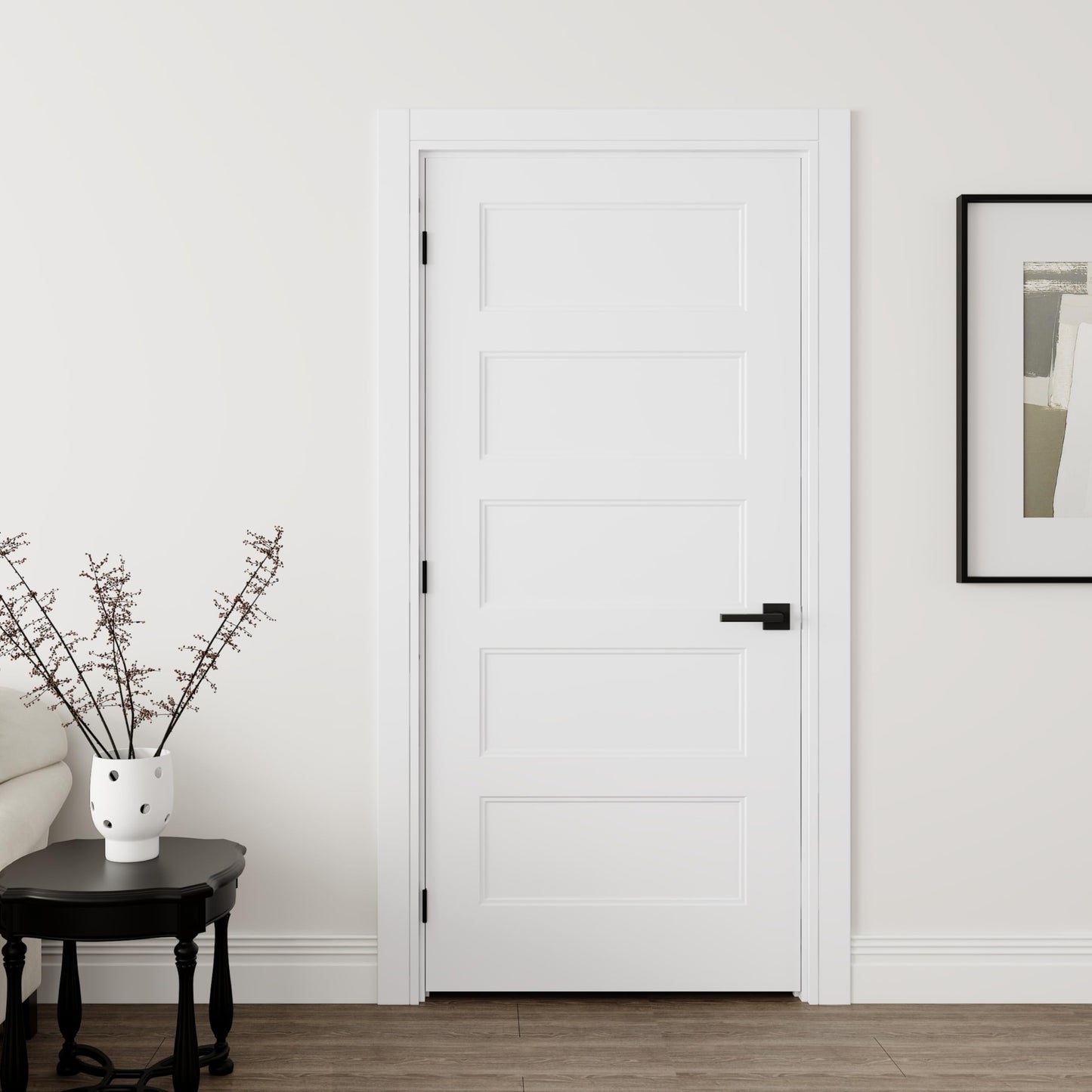JUBEST 36"x80" Right-Hand Prehung Interior Door with Knock Down Jamb Kit & Matte Black Hinges, 5-Panel White Primed Hollow Core Molded Door Slab with Bore & Hinge Cutout, Durable & Sturdy, No Handle