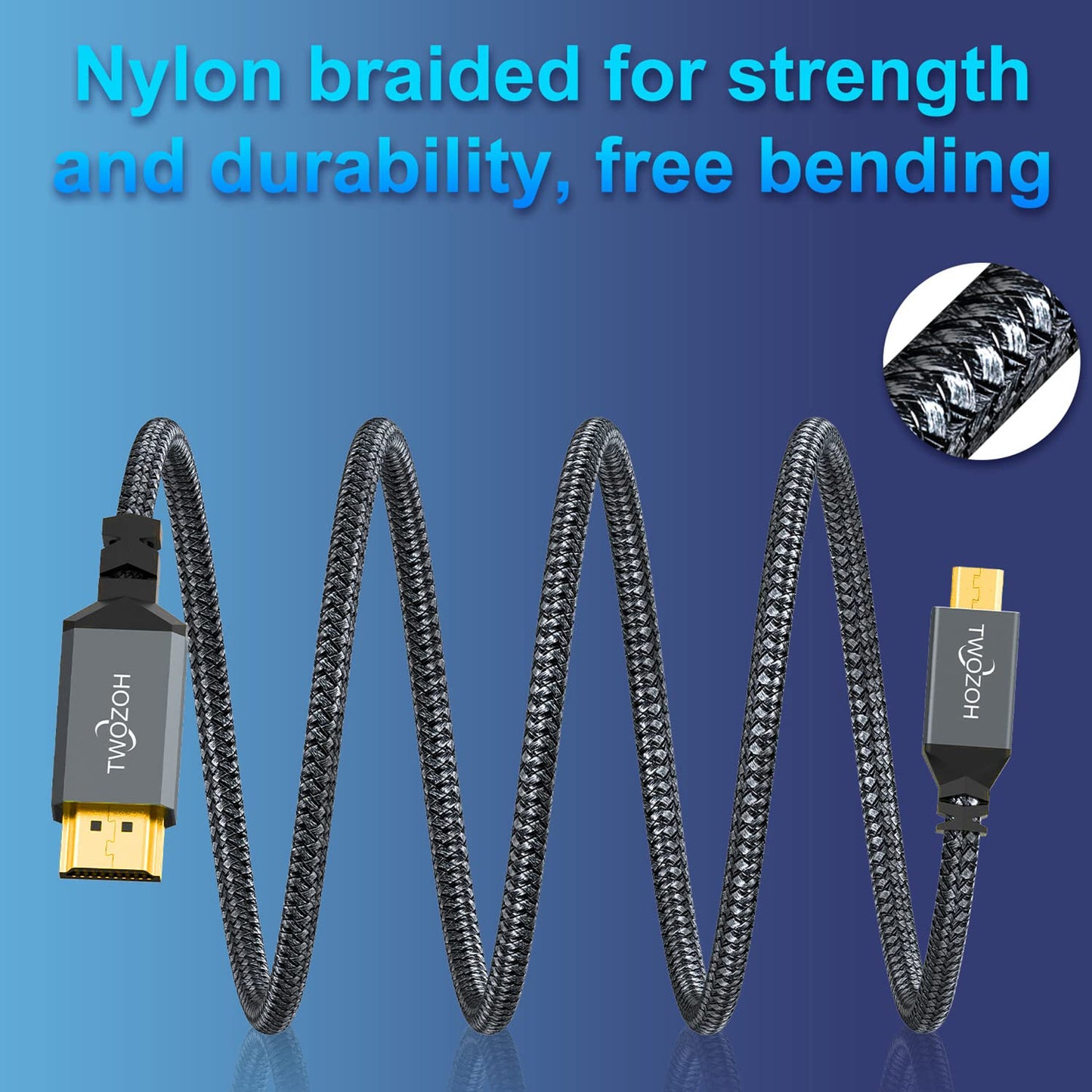 Twozoh 4K 1FT, 3D 4K/60Hz 1080p Micro HDMI to HDMI Cable Short High-Speed Full HDMI to Micro HDMI Braided Cord Support
