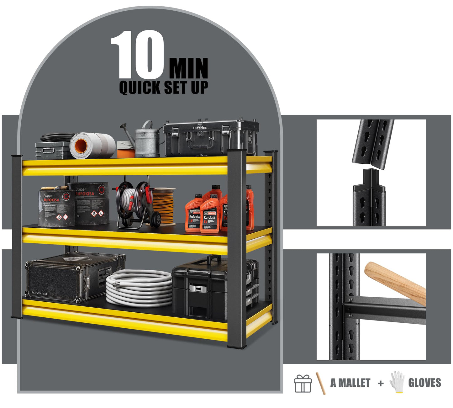 Rufokisa 48" W Garage Shelving Heavy Duty, 1650LBS Loads Adjustable Garage Storage Shelves,3-Tier Metal Storage Racks and Shelving Units, Utility Rack Shelves,48" W x 18" D x 39" H,Yellow