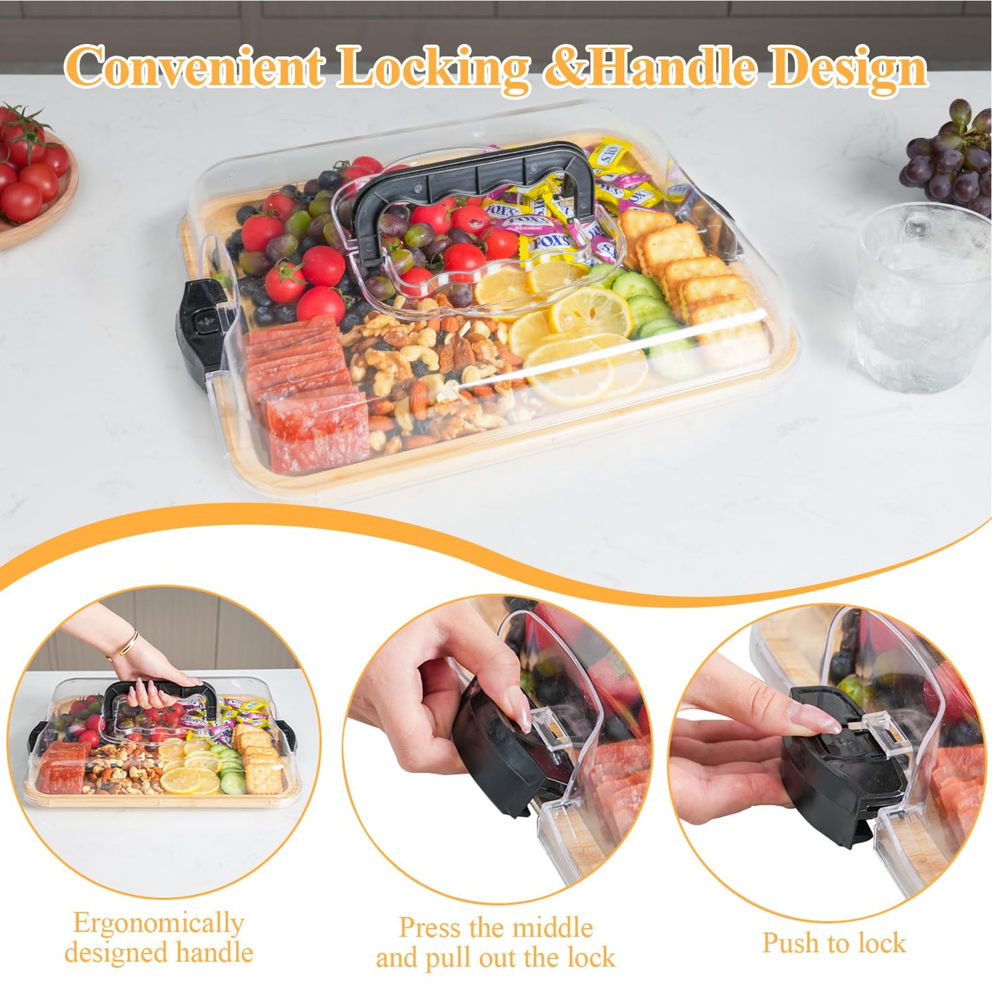 Charcuterie Board with Clear Locking Lid, Travel Portable Cheese Board Set, Bamboo Cutting Boards for Kitchen, House Warming Gifts New Home, Gifts for Women (Black - 6 Compartments)
