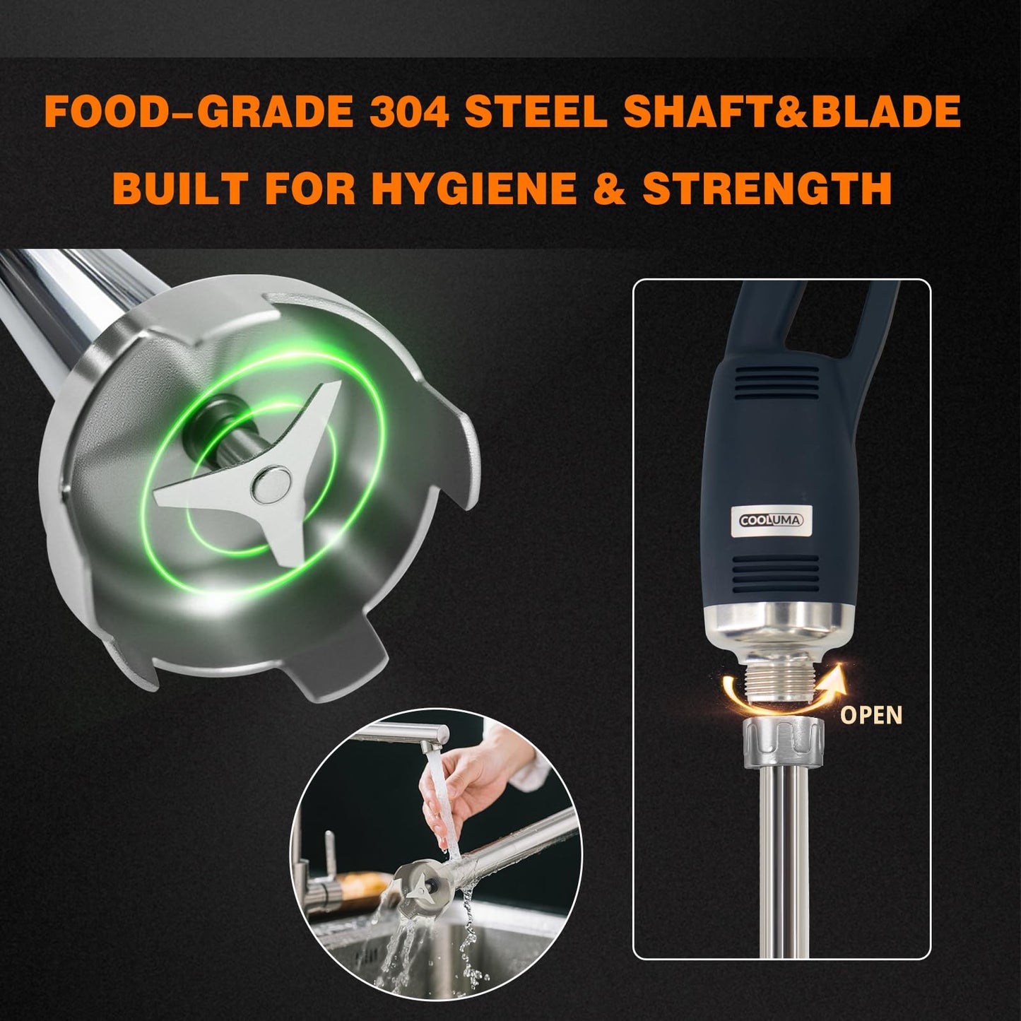 COOLUMA Immersion Blender Commercial, 14 Inch Removable Shaft, Heavy Durt 750 Watt, Variable Speed Motor, Professional Restaurant Grade Hand Mixer, Food-Grade Detachable 304 Blade & Shaft