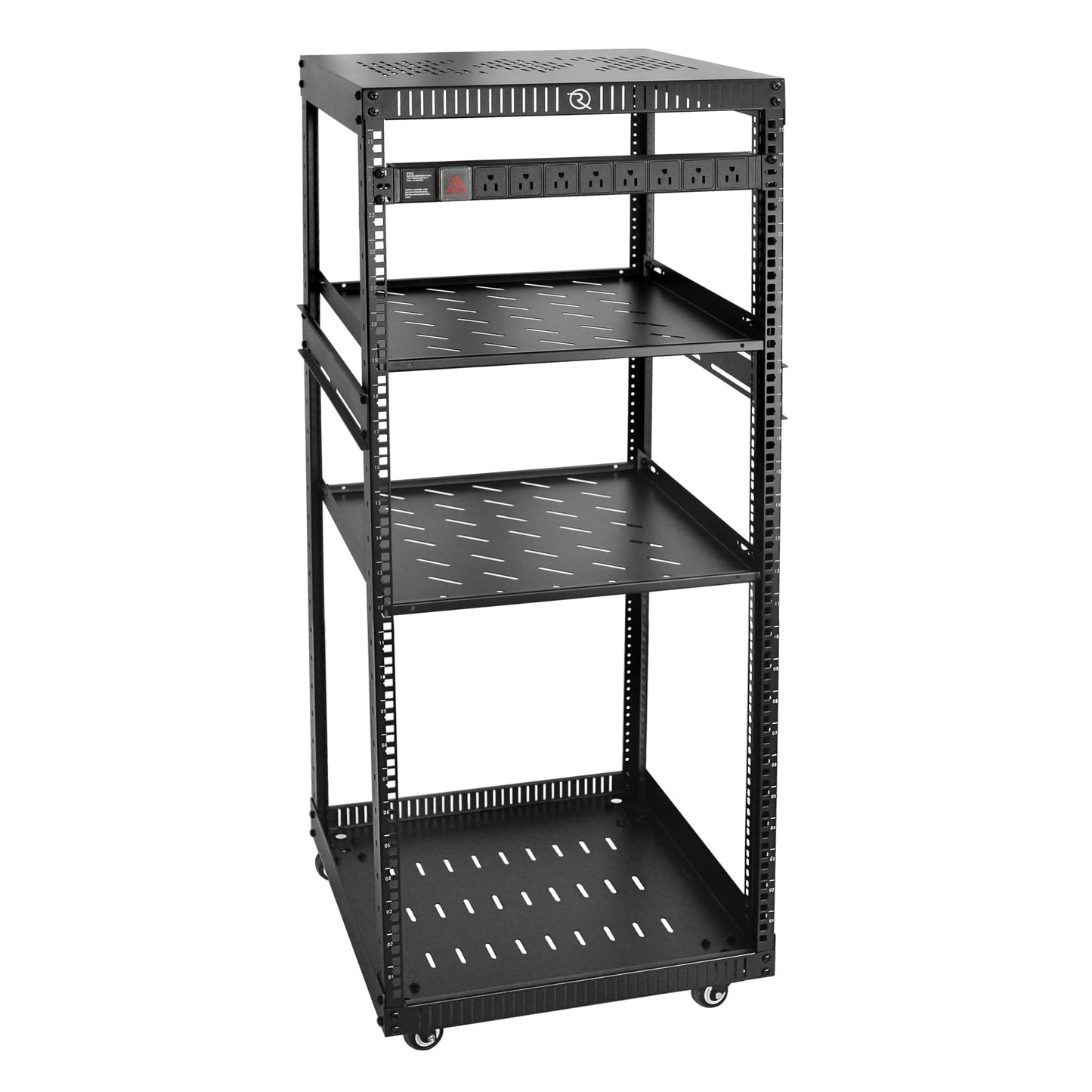 RIVECO 25U Network Rack with Reinforced Top Cover - 4 Post Floor Rack on Wheels Including Rack Mount Power Strip & 2PCS 1U Rack Shelves & 12" Rack Shelves 2 PCS