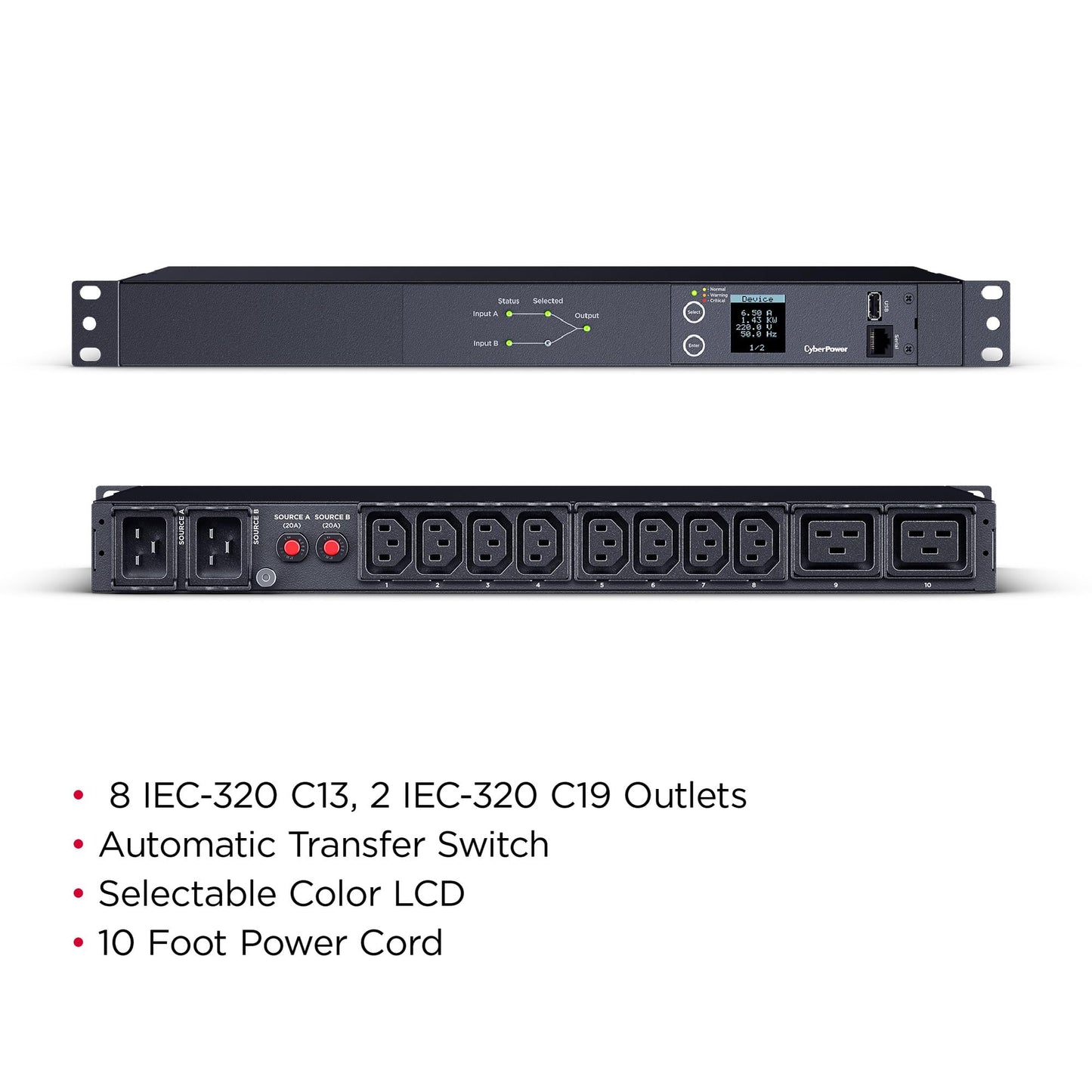 CyberPower PDU24005 Metered ATS PDU, 200-240V, 20A (Derated to 16A), 10 Outlets, 1U Rackmount