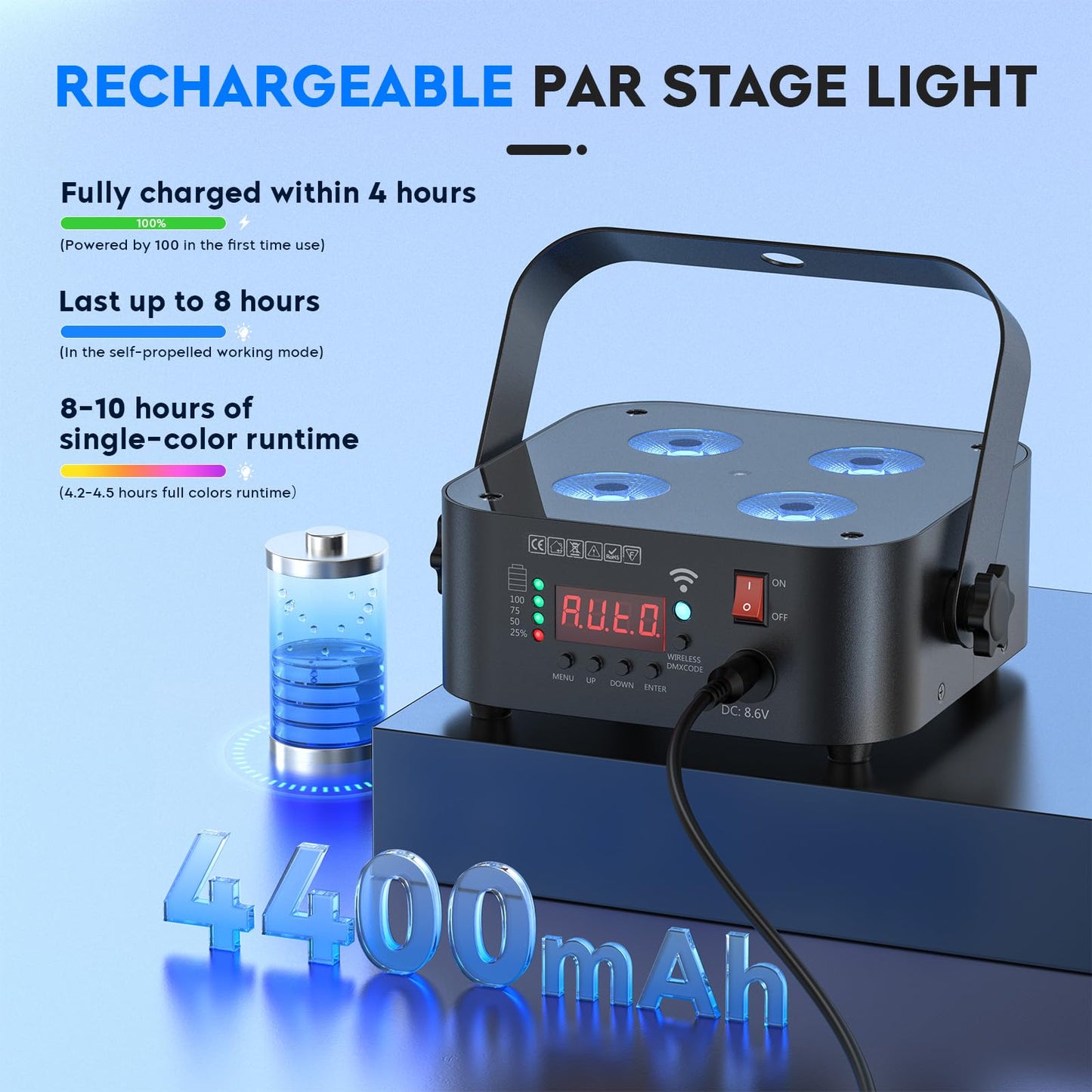 DazzlingStage Mini Rechargeable Par Lights, 4 * 18W RGBWA UV 6 in 1 Battery Powered Upights, APP & Wireless DMX Control Stage Lights, Uplighting for Wedding Birthday Party Festival