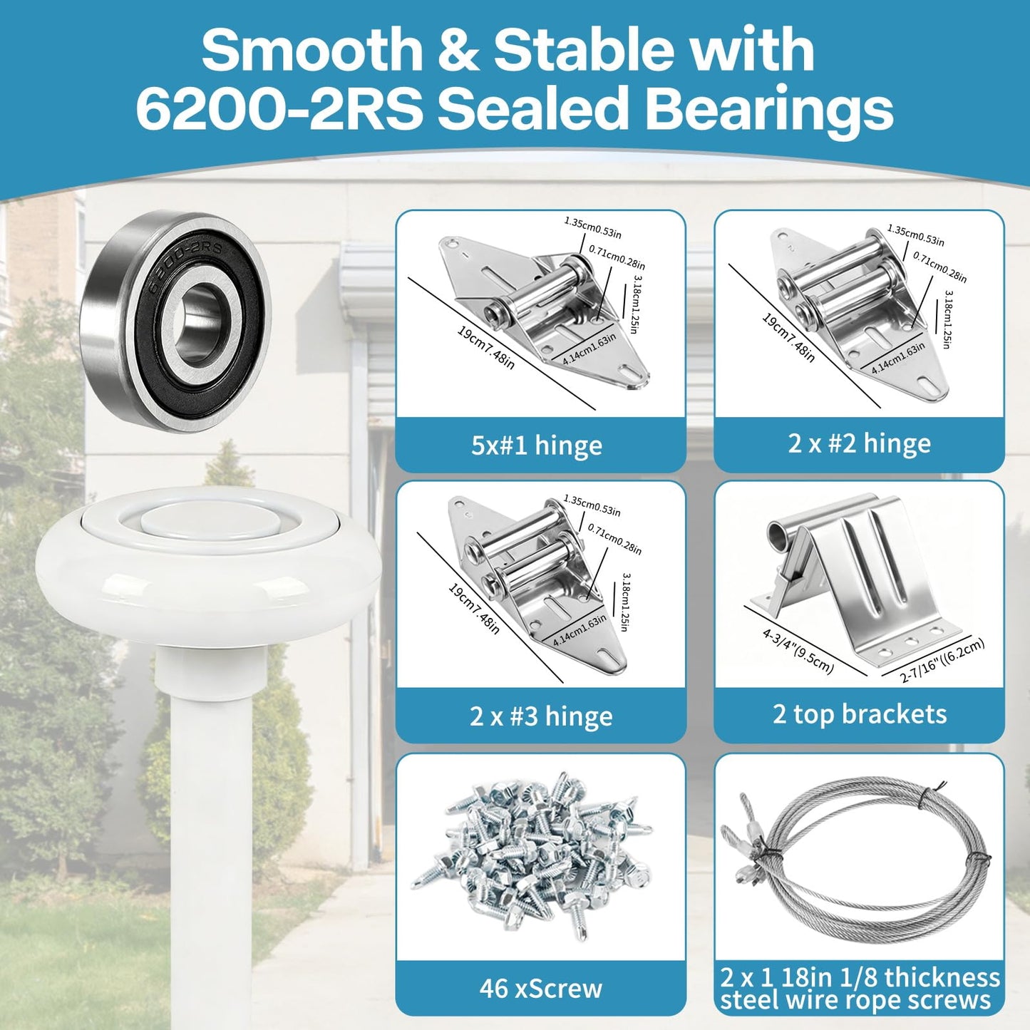 LIMICAR Nylon Garage Door Rollers 10 Pack with Hardware Kit – White 2" Quiet Wheels 4" Stem, 6200-2RS Dual Sealed Bearings, Hinges Brackets Wire Rope, Fits Standard 2" Track