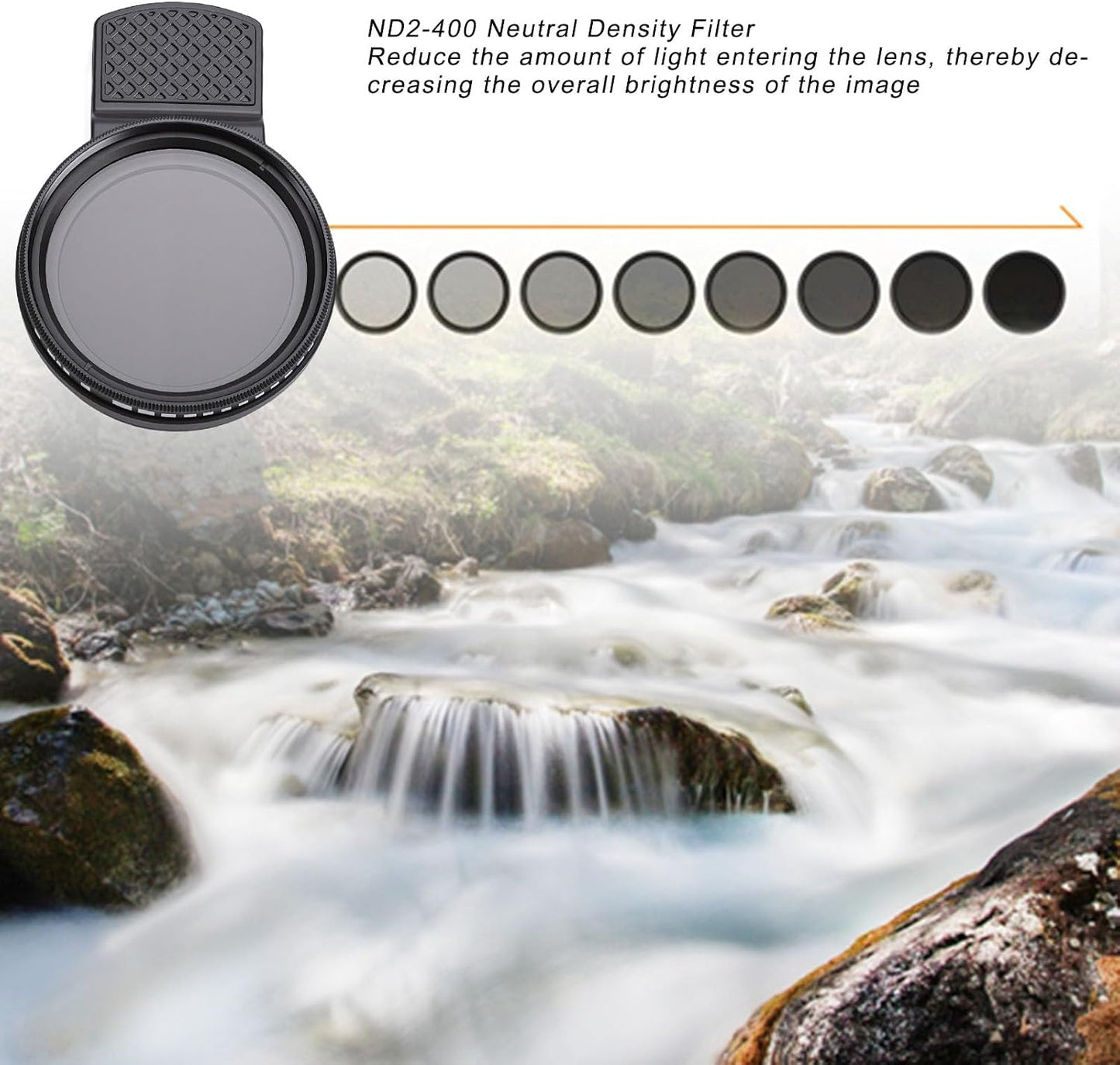 Diyeeni 37mm ND2 ND400 ND2 ND400 Clip On - Phone Lens ND Filter Kit, Variable ND Neutral Density Filter Adjustable
