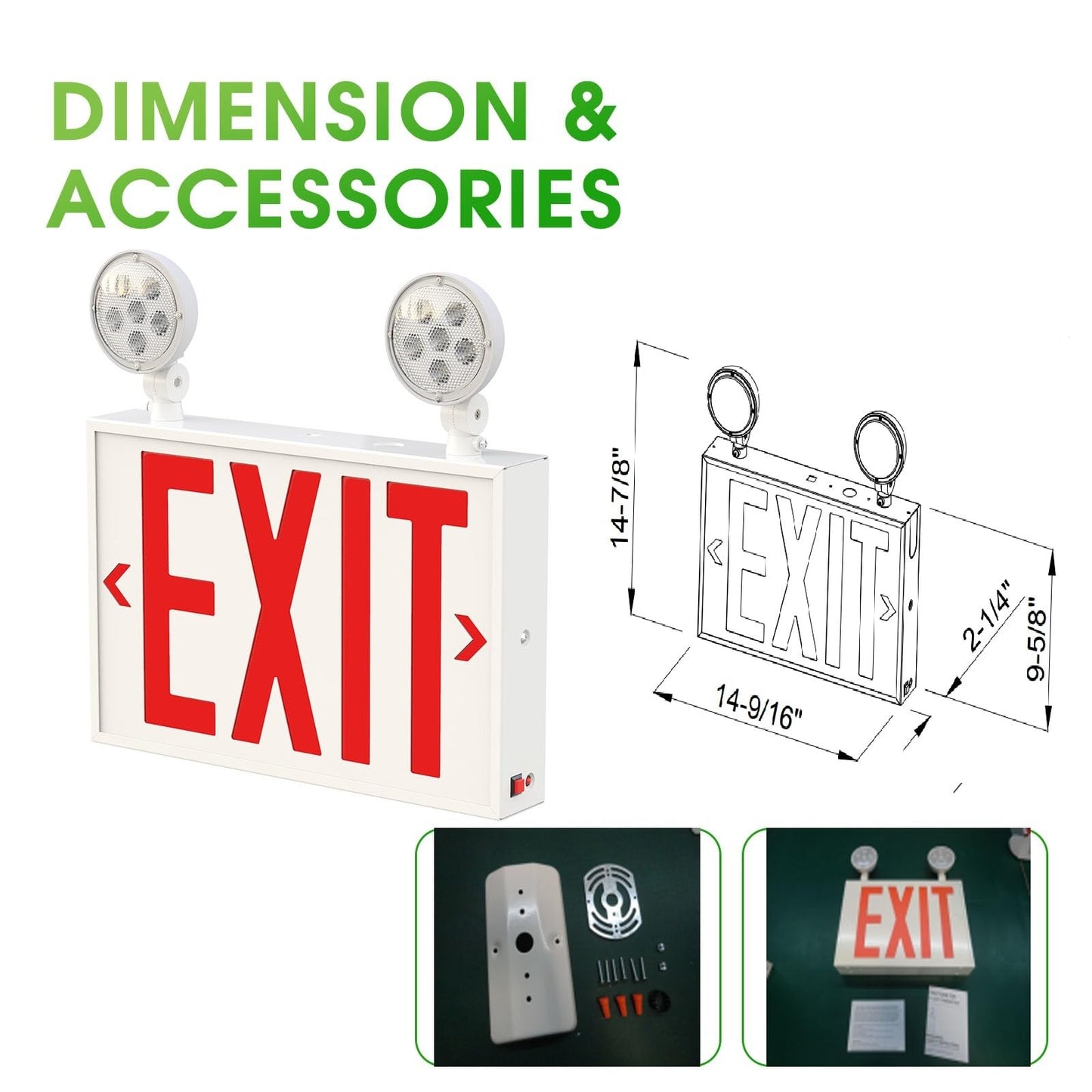Garrini New York Approved Letter 8" Steel LED Emergency Light Exit Sign Combo Adjustable Lamps Heads, 120-277V, Single and Double Faces, Fire Resistant UL Certified NYC-2000 (2 Heads)