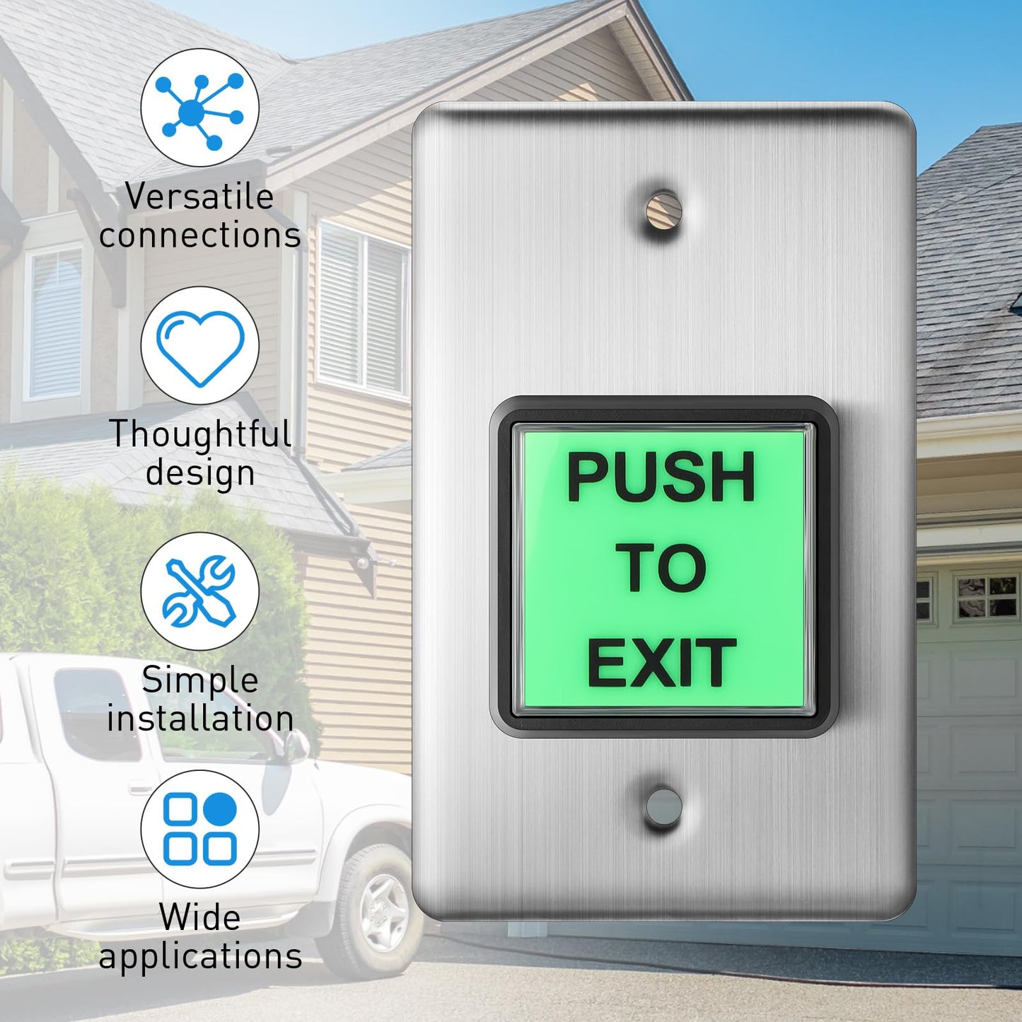 Tellegloww 4 Pcs Push to Exit Button Indoor Green Square Request to Exit Button Stainless Steel Wall Plate with Green LED Square
