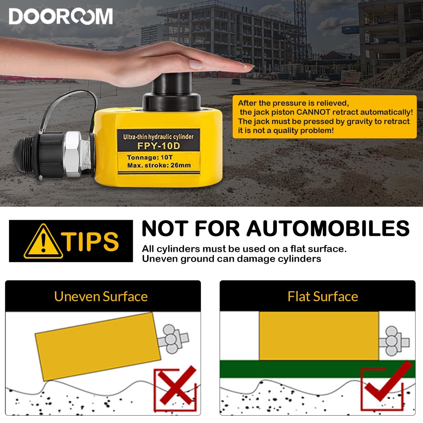 DOOROOM 10T 1.0"/26mm Stroke Hydraulic Cylinder, Porta Power Ram with CP-180 Hydraulic Hand Pump, Hydraulic-Lifting-cylinders