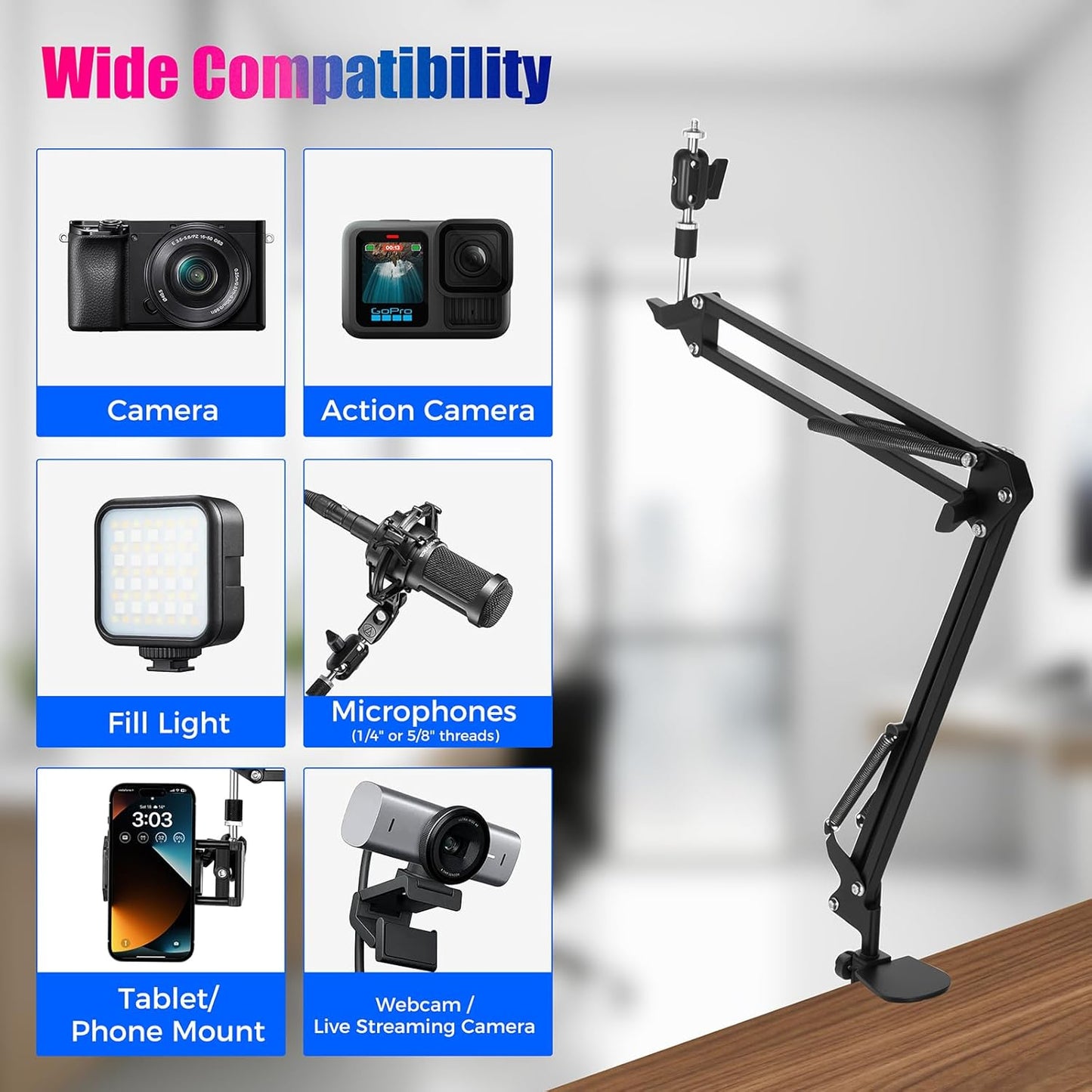 ellrkr 30" 360 1/4" 5/8" Magic Arm Holder w Clamp - Overhead Phone Mount for Desk, Smooth & Thread Webcam Stand