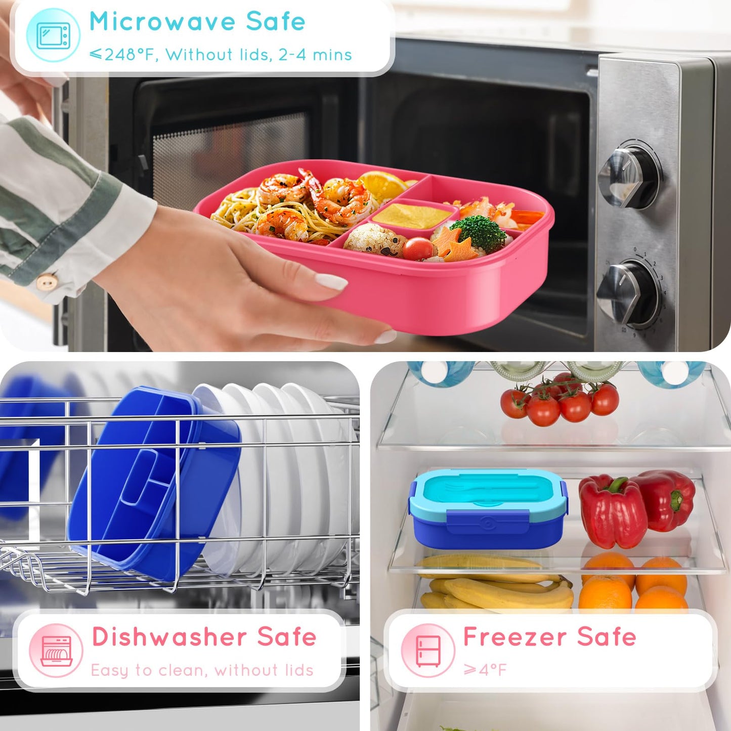 TIME4DEALS Bento Box Kid Adult Lunch Box 2 Pack, Leakproof Bento Lunch Container 4 Compartment Bento-Style Lunchbox with Utensil Set, On-the-Go Meal and Snack Packing for School, Work, Picnic
