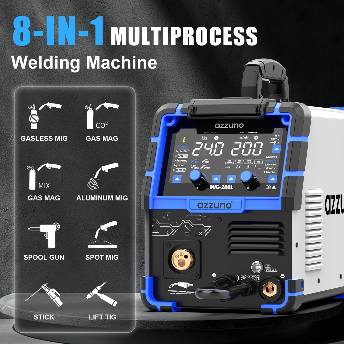 AZZUNO Aluminum MIG Welder 200A+Spool Gun, 110V/220V 8 in 1 Multi-process Welder Machine Aluminum MIG/Gas MAG/Gasless Flux Core MIG/Gas MIG/Spot MIG/Spool Gun Compatible/Lift TIG/Stick Welding