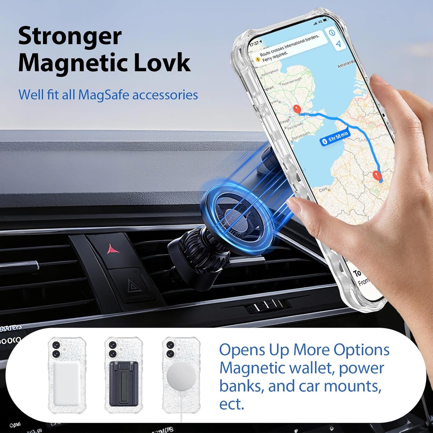 Casehas 17 6.3" Magnetic for iPhone Case with Invisible Stand, Compatible with MagSafe, Clear Bling Sparkle Shockproof
