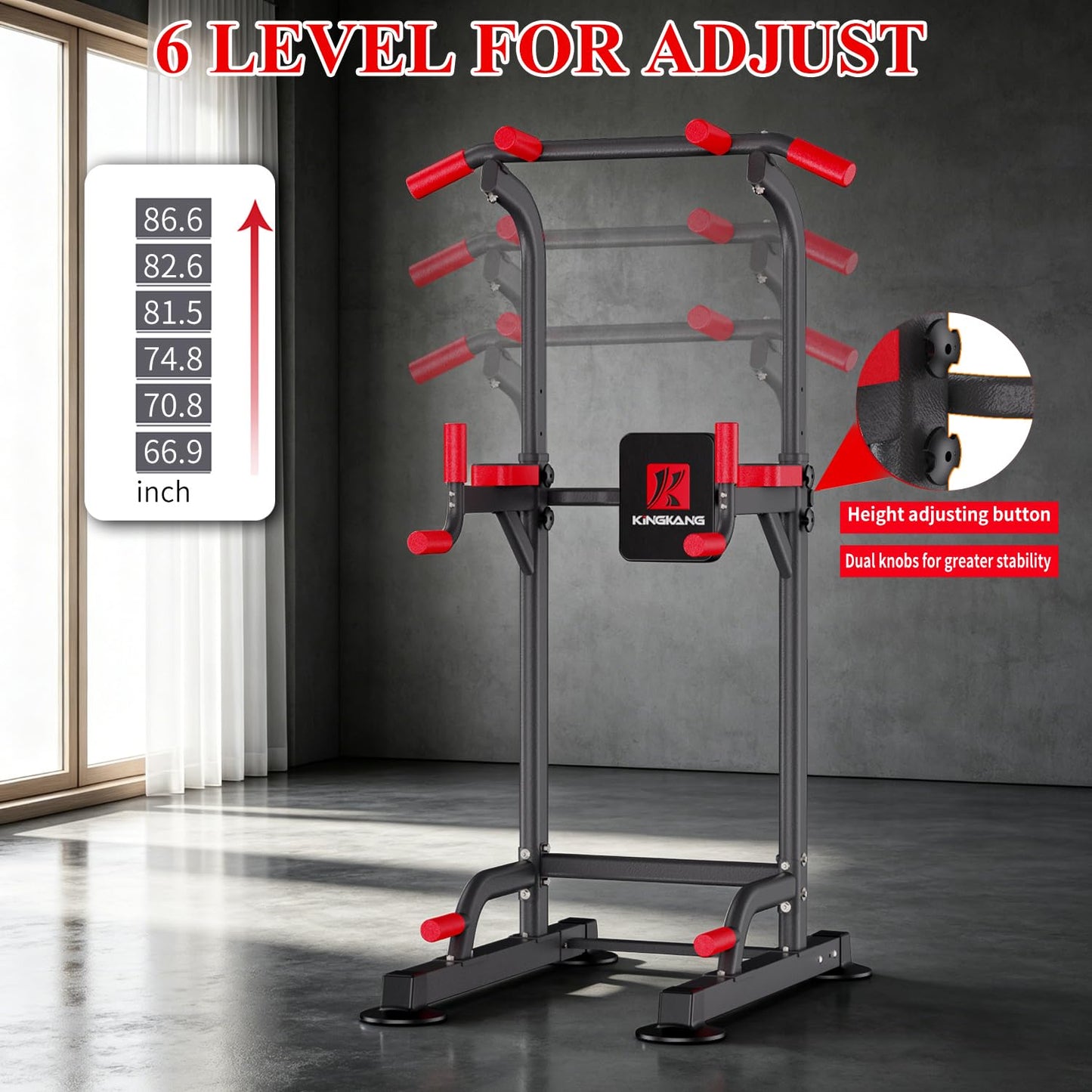 K KiNGKANG Power Tower Pull Up Bar Station, Load 450 lbs with 6-Height Adjustment Workout Dip Station for Home Gym Fitness Equipment
