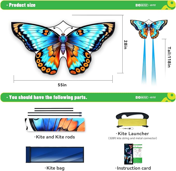Butterflys for Kids, Beautiful Kite Easy to Fly for Beginners with 328 ft Line & Line Winder (Flower Butterfly Kite（Cyan）, 1)