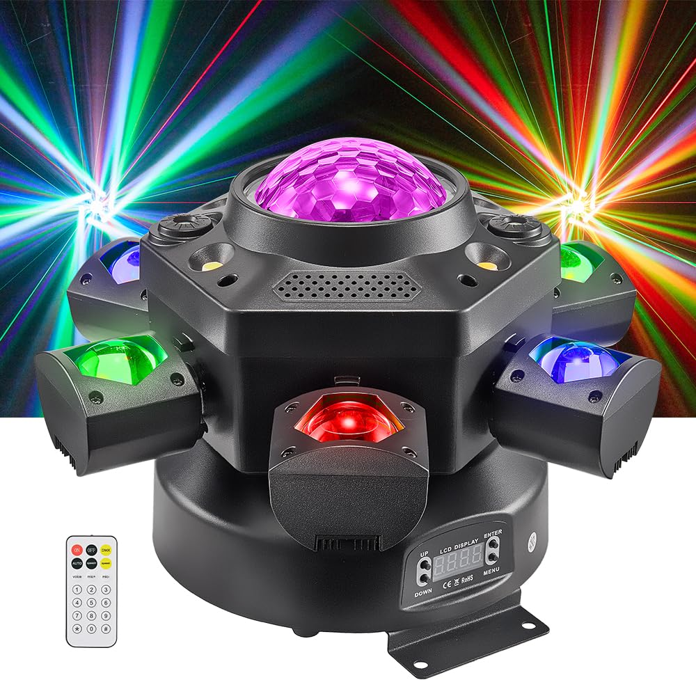 Moving Head DJ Lights, Rualin 120W Stage Light 4 in 1 with RGBW 6 Arms Beam, Kaleidoscope Light, Red Green Starry and White Amber Strobe, Remote & DMX Control for Disco Club Party DJ Stage Lighting