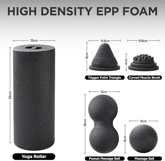 5 in 1 Foam Roller Set with Peanut Massage Ball, Curved Muscle Brush - Yoga Roller, Massage Ball, Trigger Point Triangle for Deep Tissue Relief (Black)