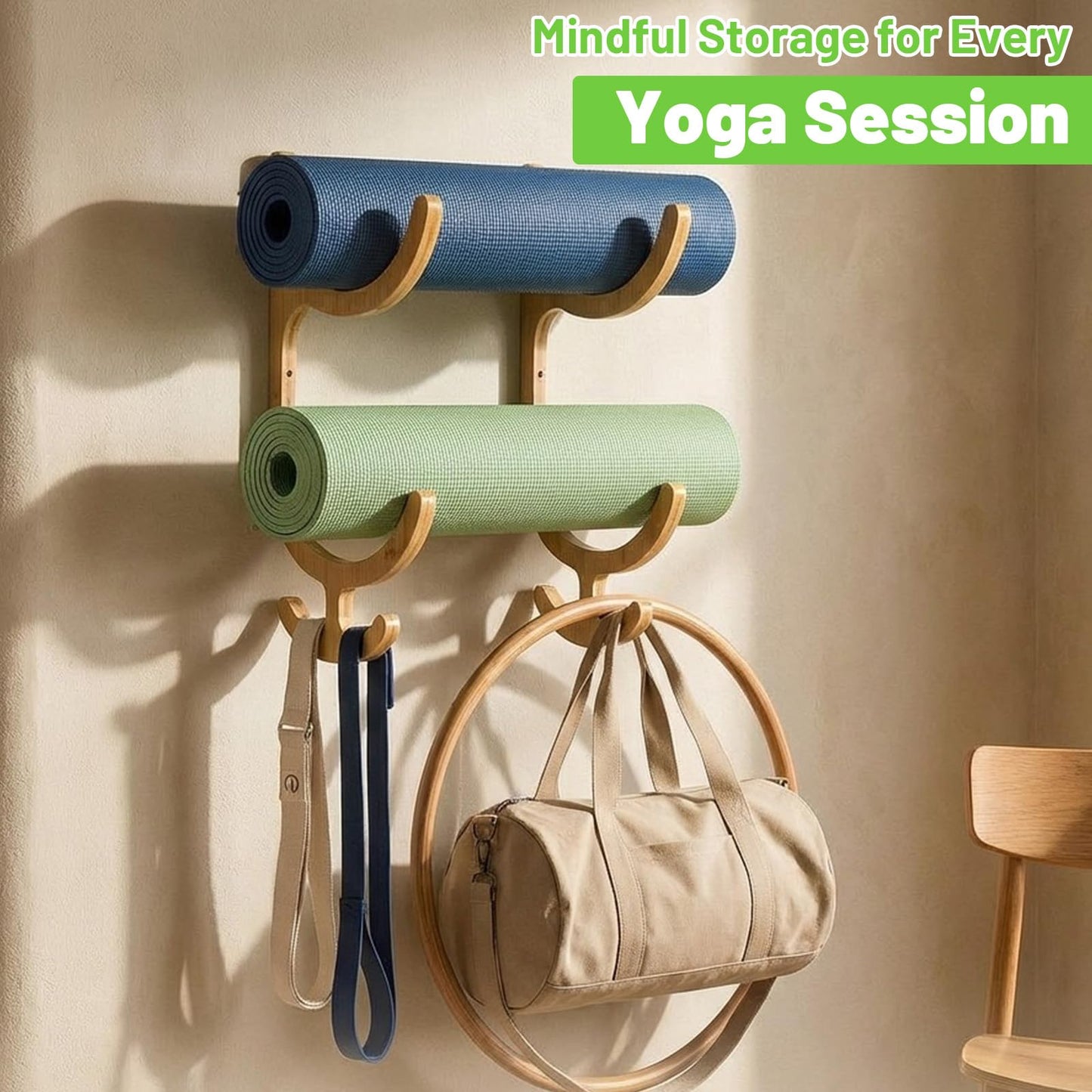 Wooden Yoga Mat Storage Rack Wall Mount, Yoga Mat Holder Hanging Hooks for Home Gym Equipment Storage, Fitness Class Room Mats Storages Organizer for Resistance Band, Home Gym Accessories