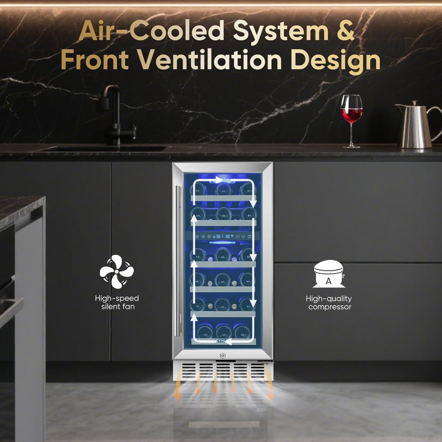 15 Inch Wine Cooler Under Counter, 30 Bottle Dual Zone Wine Fridge with Stainless Steel Glass Door, Built-In or Freestanding Wine Cellar with Digital Temperature Control for Home, Kitchen, or Office
