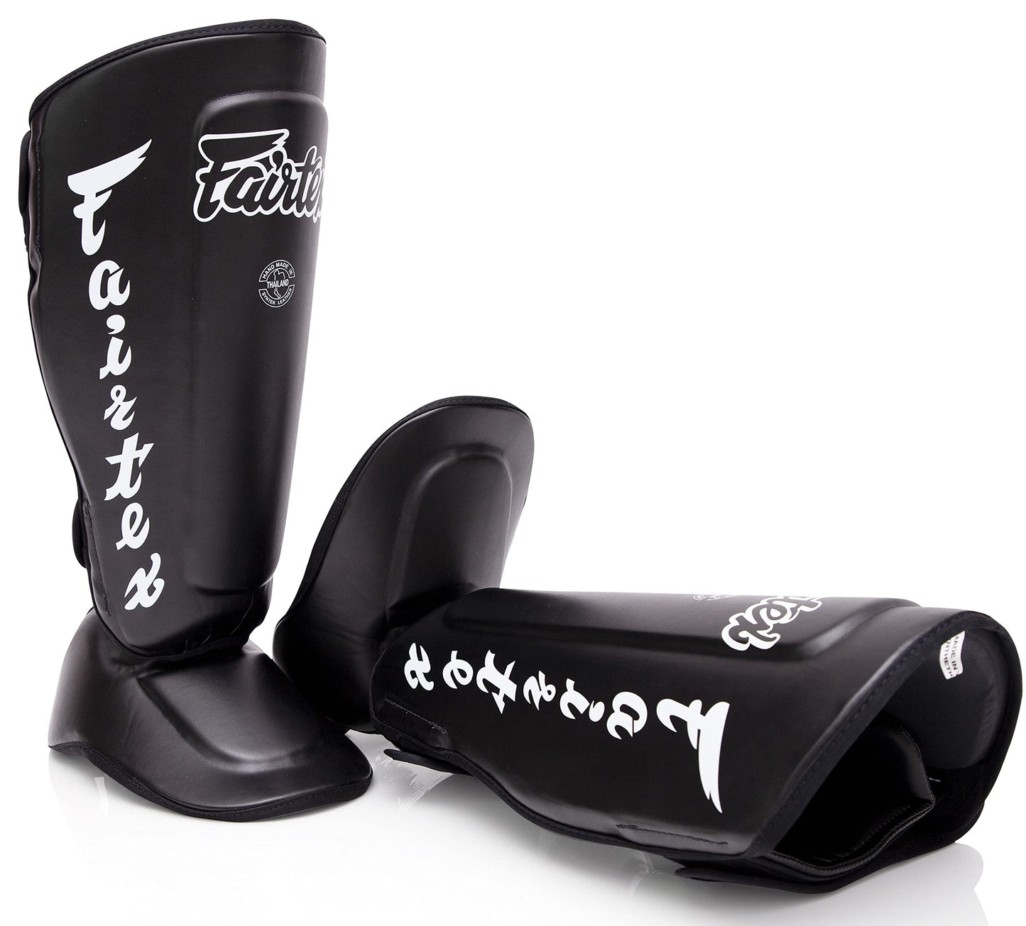 Fairtex SP7 Muay Thai Shin Guards for Men, Women, Kids | Shinguards Made with Syntek Leather & are Premium, Lightweight & Durable | Detachable shin & Foot Protector- Medium, Black