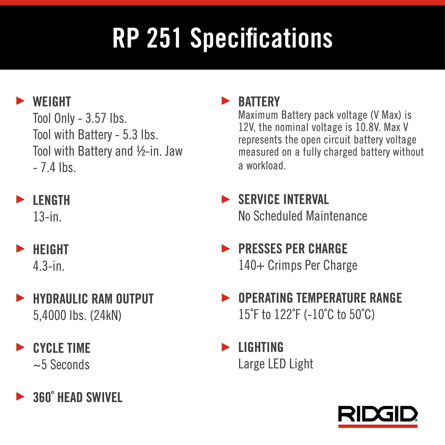RIDGID 78248 RP 251 Compact Press Tool Battery Kit with RLS Jaws (1/4" to 7/8"), In-Line Pressing Tool for Copper, Stainless Steel, PEX, and Carbon Steel