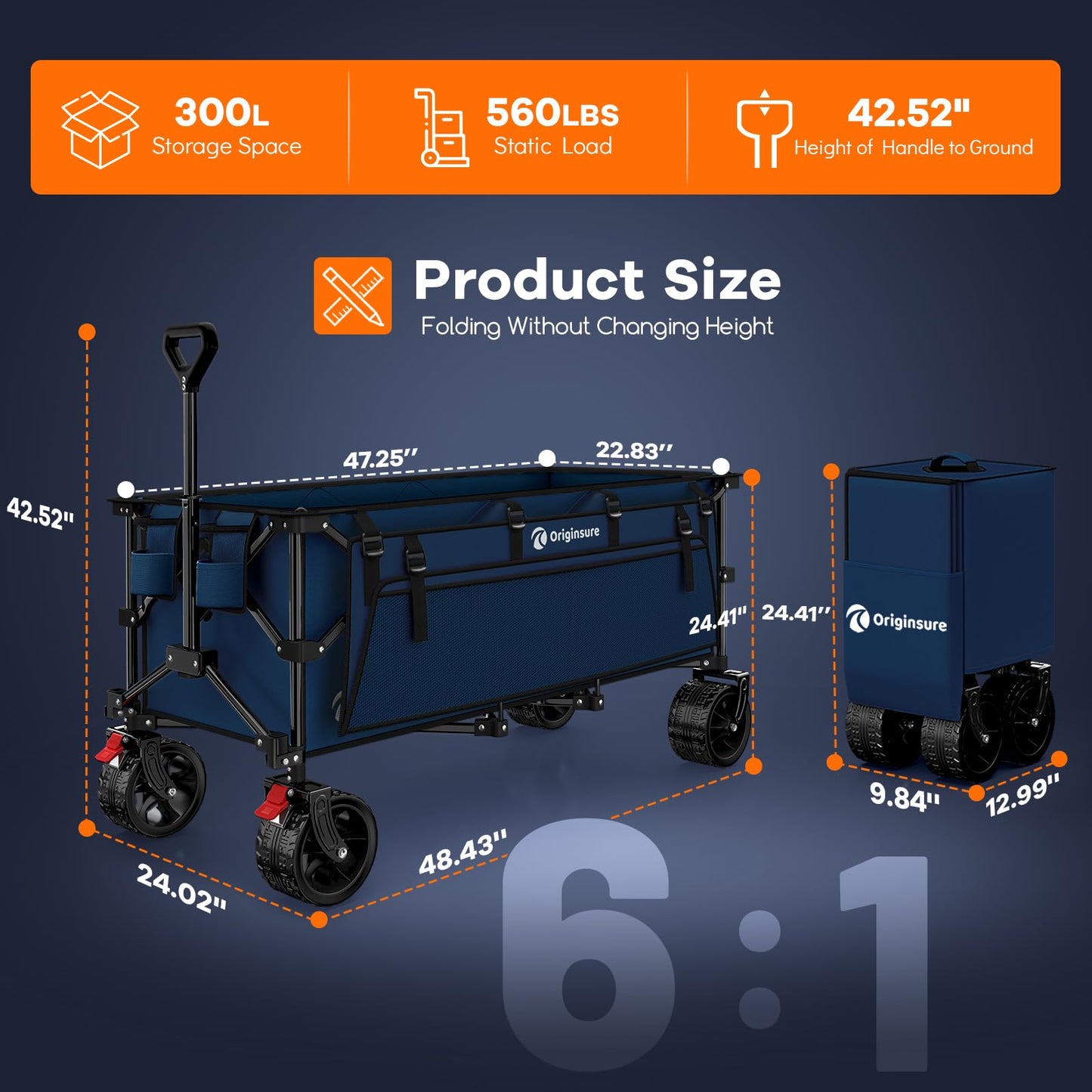 Originsure 48" L Collapsible Wagon Cart Foldable, 560lbs Weight Capacity 300L Heavy Duty Folding Beach Wagons with Big All-Terrain Wheels, Utility Carts for Groceries, Camping, Sports - Blue