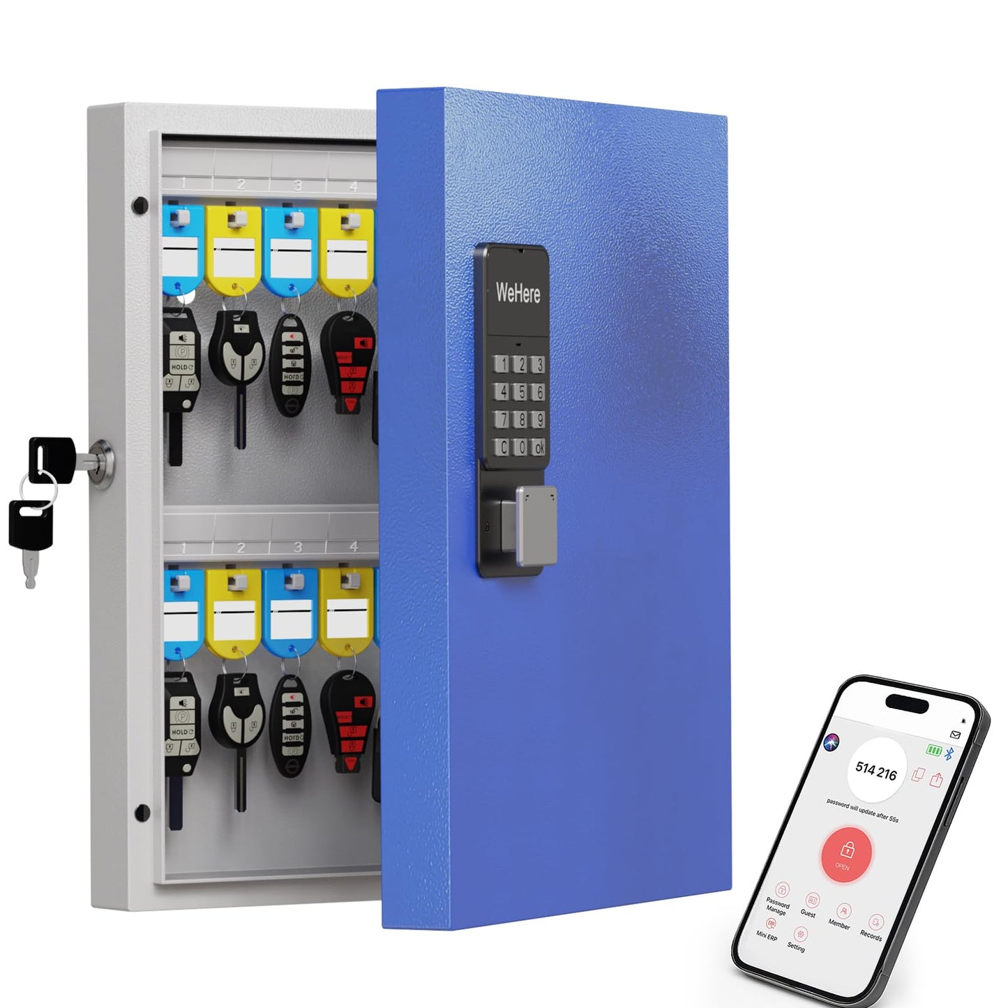 WeHere 32-Key Smart Key Lock Box with Key Management App(Track Key Borrow/Return), Keypad, Bluetooth & WiFi Unlock (Sold Separately), Wall-Mount Commercial Key Cabinet for School, Rental, Office