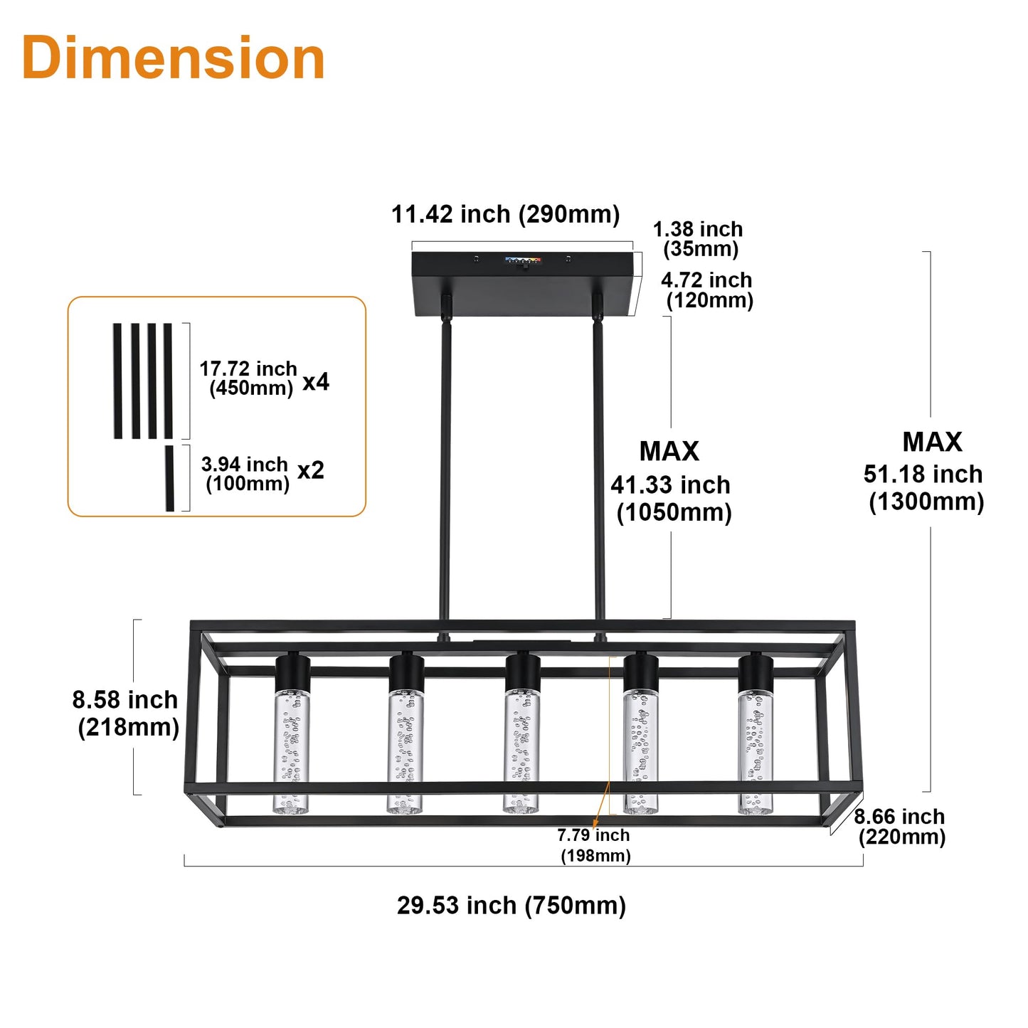 VINLUZ LED Farmhouse Kitchen Island Lighting,5 Light Industrial Linear Chandelier for Dining Room Metal Black Finish Hanging Pendant Light Fixture for Bedroom Living Room Hallway