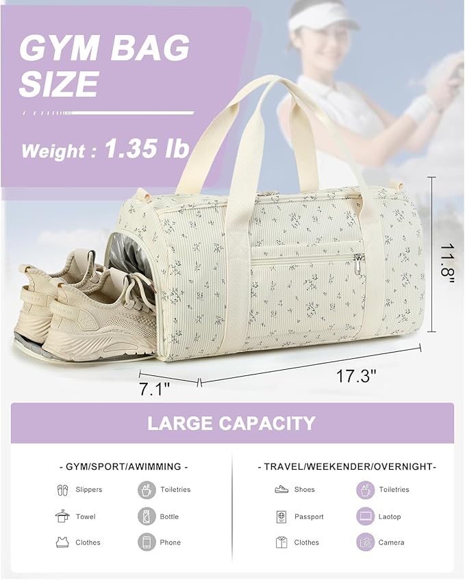 Duffle Bag for Gym Sports Women Girls Workout Travel Bag Weekender with Shoe Compartment and Wet Pocket