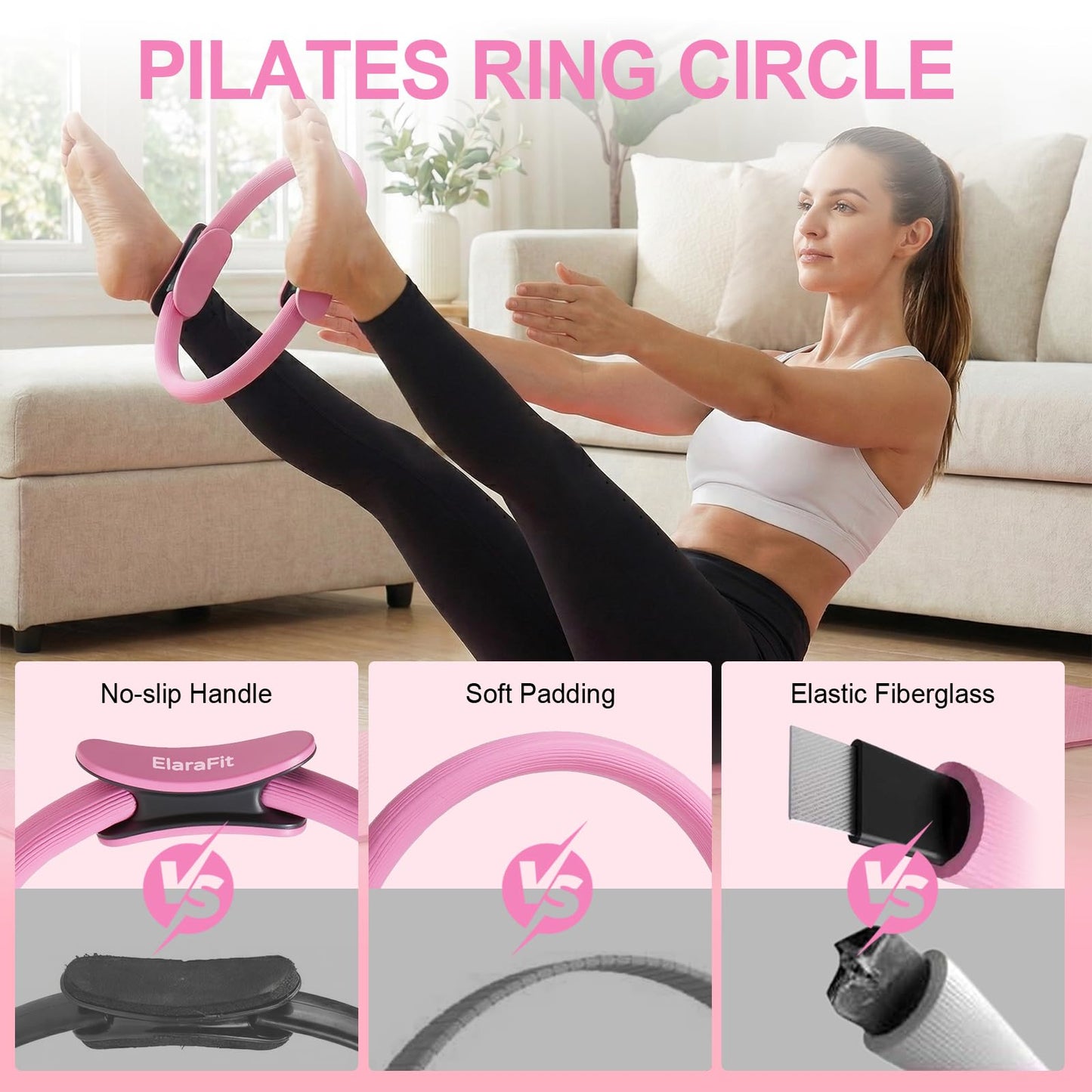 ElaraFit 13 Piece Pilates Kit for Women, Home Pilates Ring and Ball Set with 5 Resistance Bands, Stretch Strap, Arm Exerciser, Grip Socks, Storage Bag and Workout Guide, 13 Inch Magic Circle, All Pink