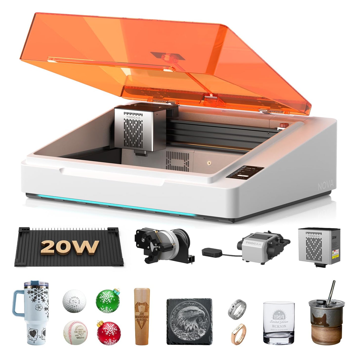 TOOCAA NOVA 20W Smart AI Laser Engraver & Cutter, Fully Enclosed Class 1 Safety, 5MP AI Positioning Camera & Auto Focus, 360° Rotary & Air Assist, Dual-Channel Exhaust for Cleaner Cuts & Less Smoke