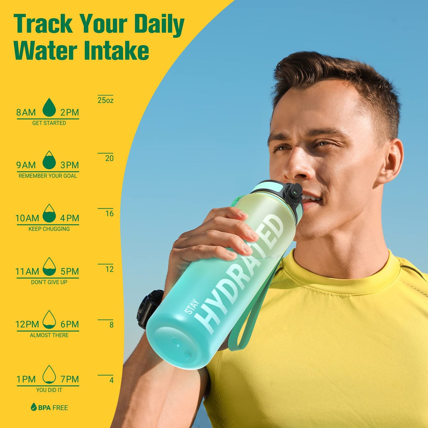 Sahara Sailor Water Bottle, 32/25/17oz Durable and Leakproof Water Bottles Motivational with Time Marker, Tritan, BPA Free, Wide Mouth with Easy Clean Brush for Gym, Travel, School, Office (1 Bottle)