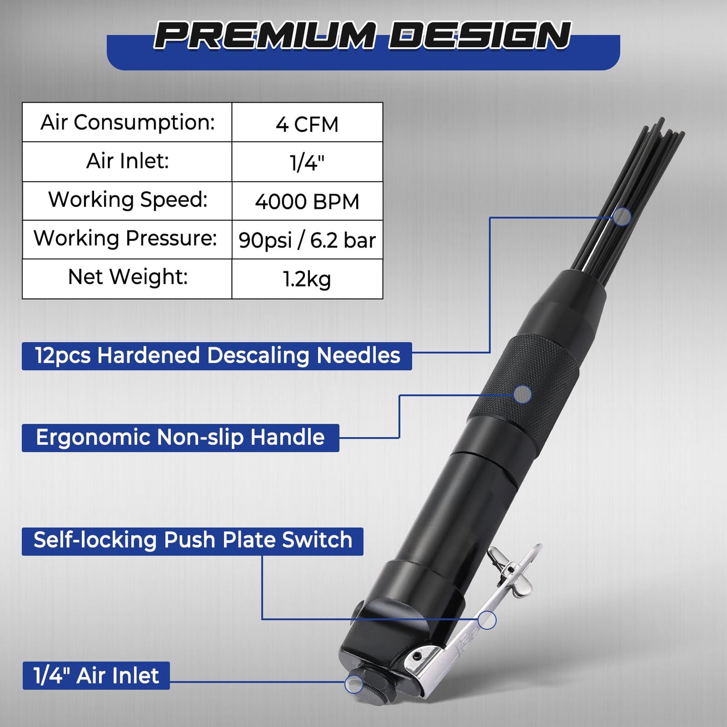 NATGAI Compact Air Needle Scaler, Pneumatic Rust Paint Remover with 12 Needles, Needle Gun Air Tool with 1/4" NPT Fitting for Weld Slag Cleaning, Rust Removal, Auto Repair
