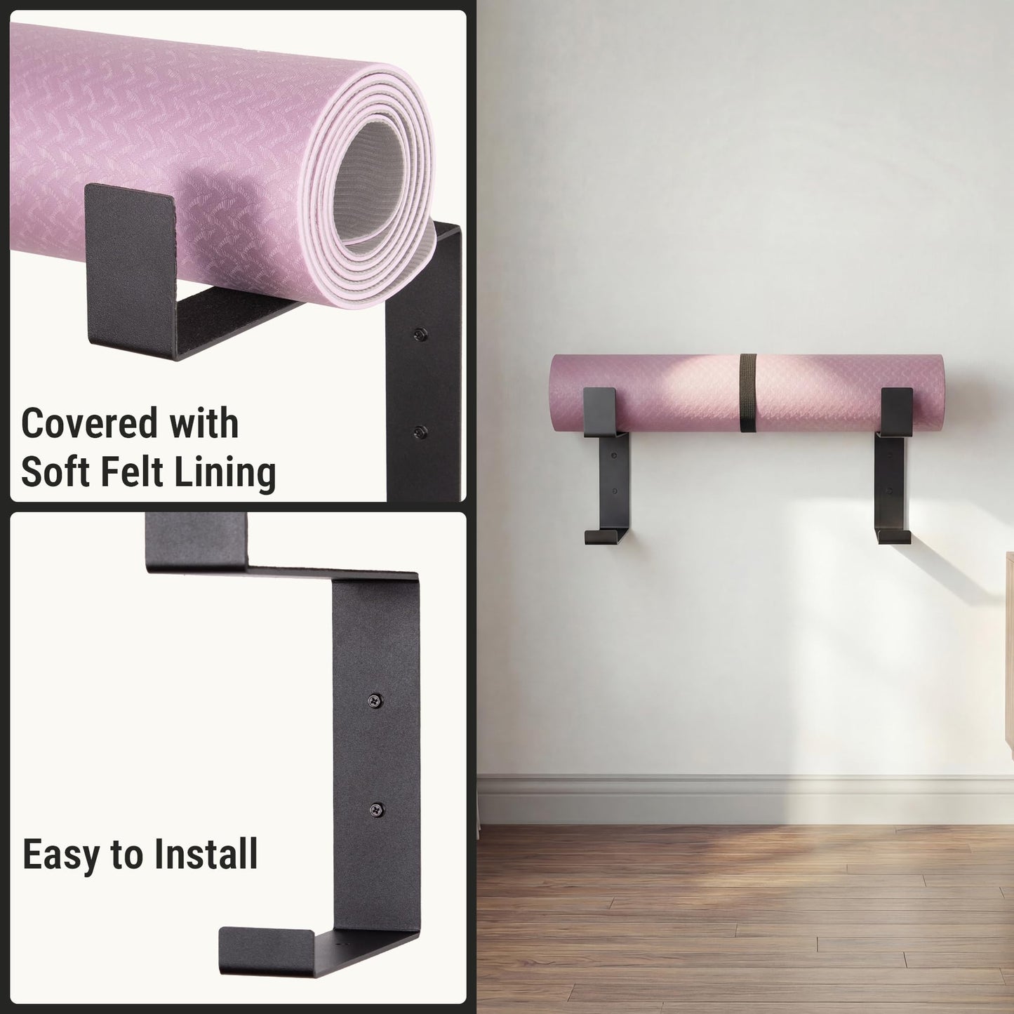 RoakyRoasy Yoga Mat Holder with Protective Padding Wall Mount Steel Storage Rack, 2 Tier Adjustable Width Hanger for up to 4 Foam Rollers, Easy Installation