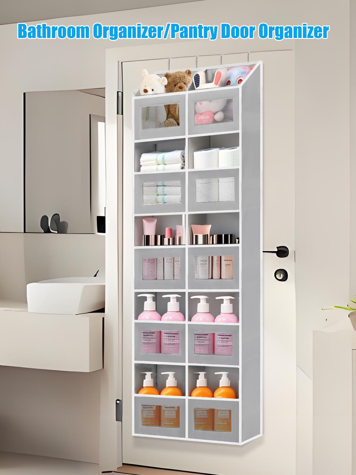 Over the Door Organizer Hanging- 10 Compartments, 80 lbs Load Behind Door Stuffed Animal Storage, Extra Large Toys Storage Organization for Bedroom, Bathroom, Closet, Nursery, Shoes, Diaper (grey)