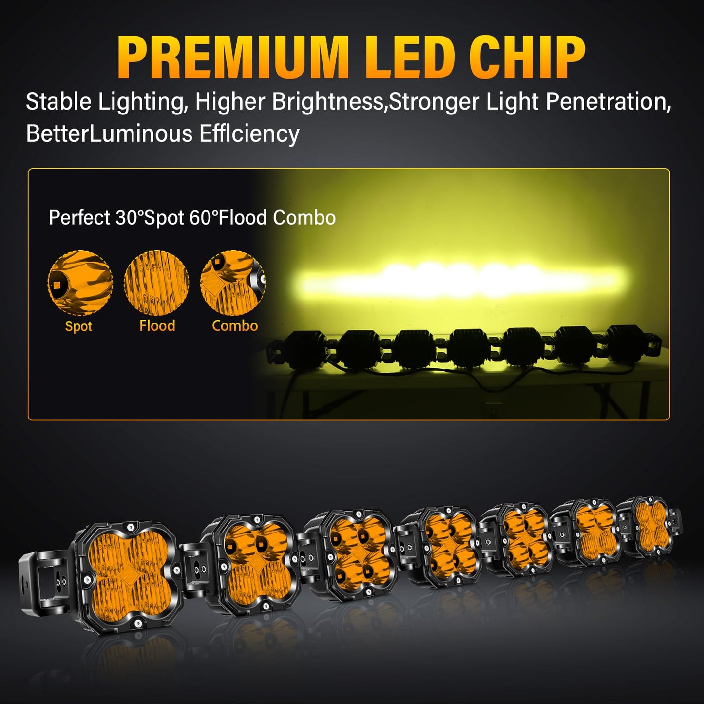 SKYWORLD 7 Pcs Amber Cube LED Pod Light, 4 Inch 30W Spot Flood Combo Beam Work Lights with Wire kit,3055K Car Off-Road Driving Lamp for ATV, UTV, 4x4, Tractor,Truck,Motorcycle