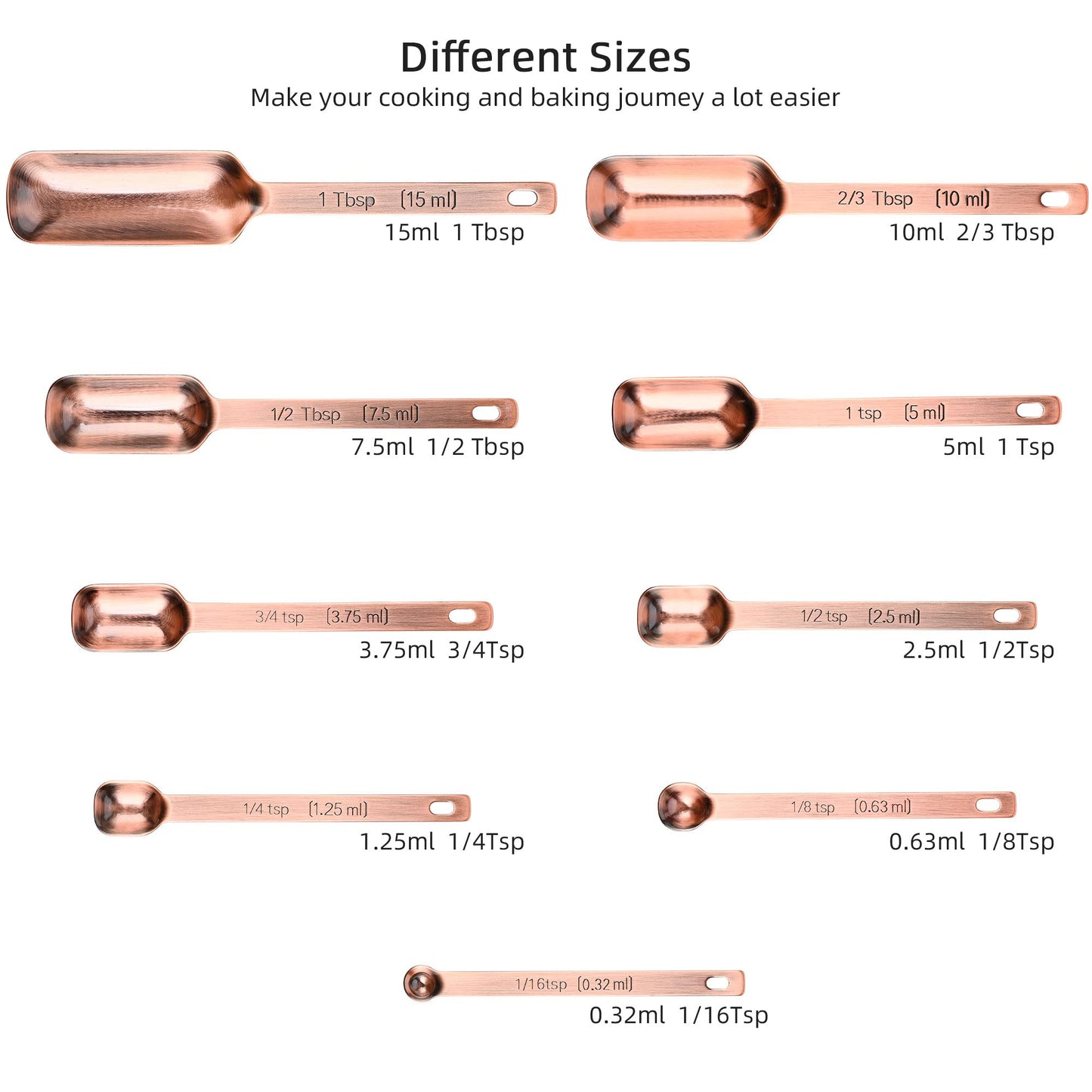 zoyizi Copper Measuring Spoons Set 10, Stainless Steel Measuring Spoons for Kitchen & Baking, Long Handle Metric & US Metal Measure Spoon with 1/16tsp, 3/3tsp, 2/3tbsp for Spice Jar