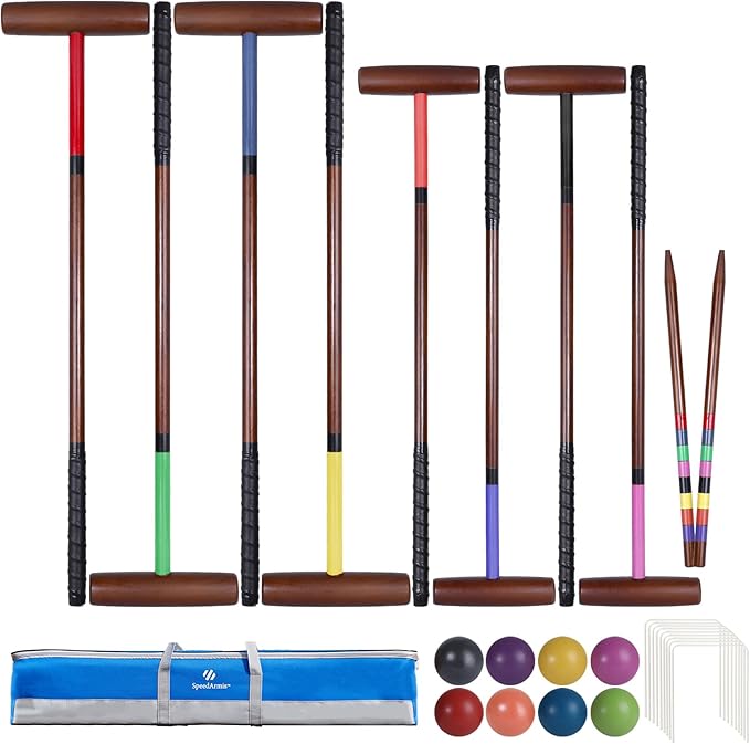 Croquet Set for Adults - 8 Players Croquette Kit with 32In Regulation, 35In Deluxe Size Rubber Wood Mallets, Colored PE Ball, Wickets, 24In End Stakes, Lawn Backyard Game for Families