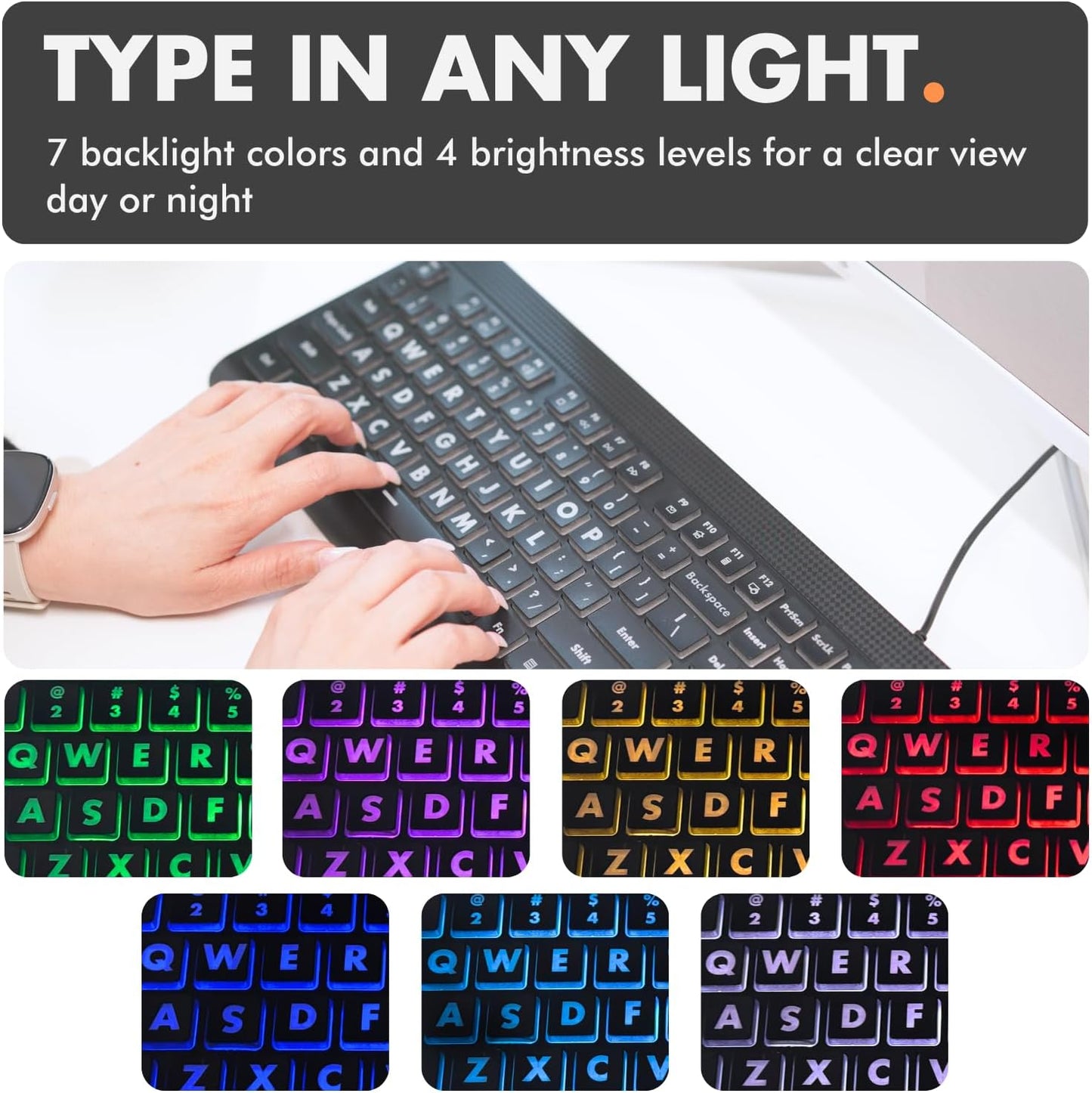 X9 Performance X9 7-Colors Large Print Backlit Computer Keyboard - Easy to See Big Letters - Lighted USB Wired Keyboard