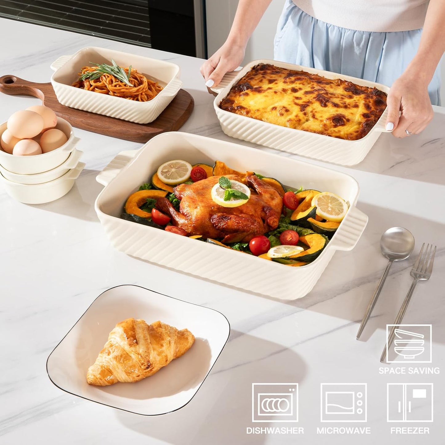 Sweejar Ceramic Baking Dish Set - Versatile Porcelain Casserole Dishes with Handle for Lasagna & Brownies | Beige